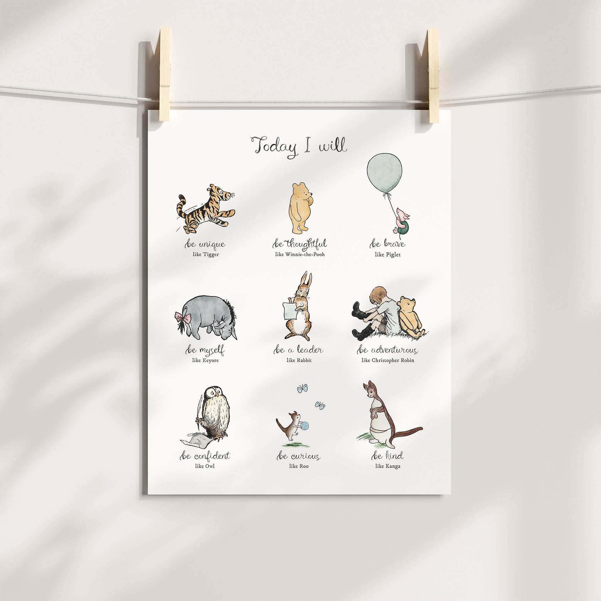 Today I Will Winnie-the-Pooh Nursery Wall Art, Minimal Neutral Style