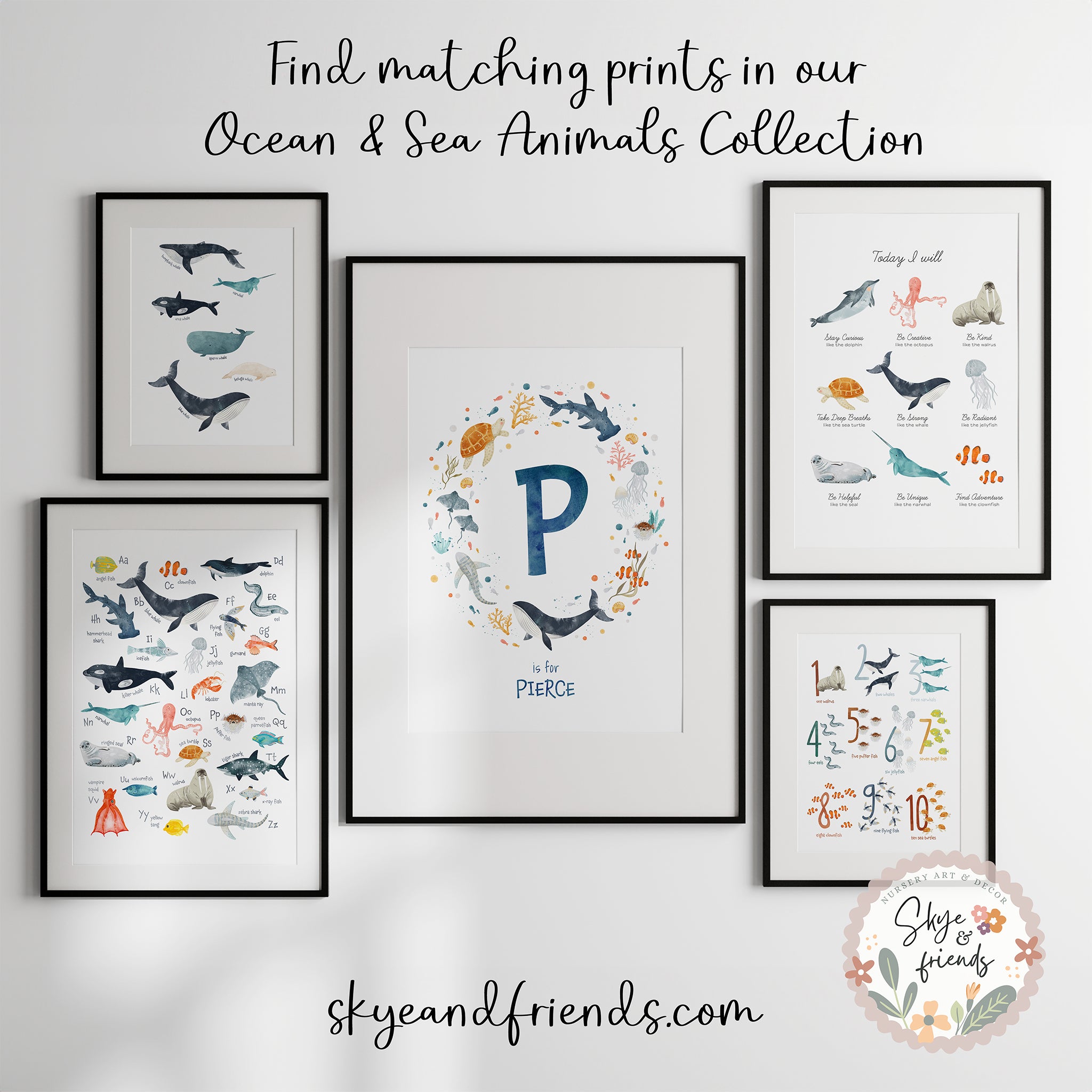 Personalized Ocean Animals Nursery Art, Name and Monogram Print | Blue