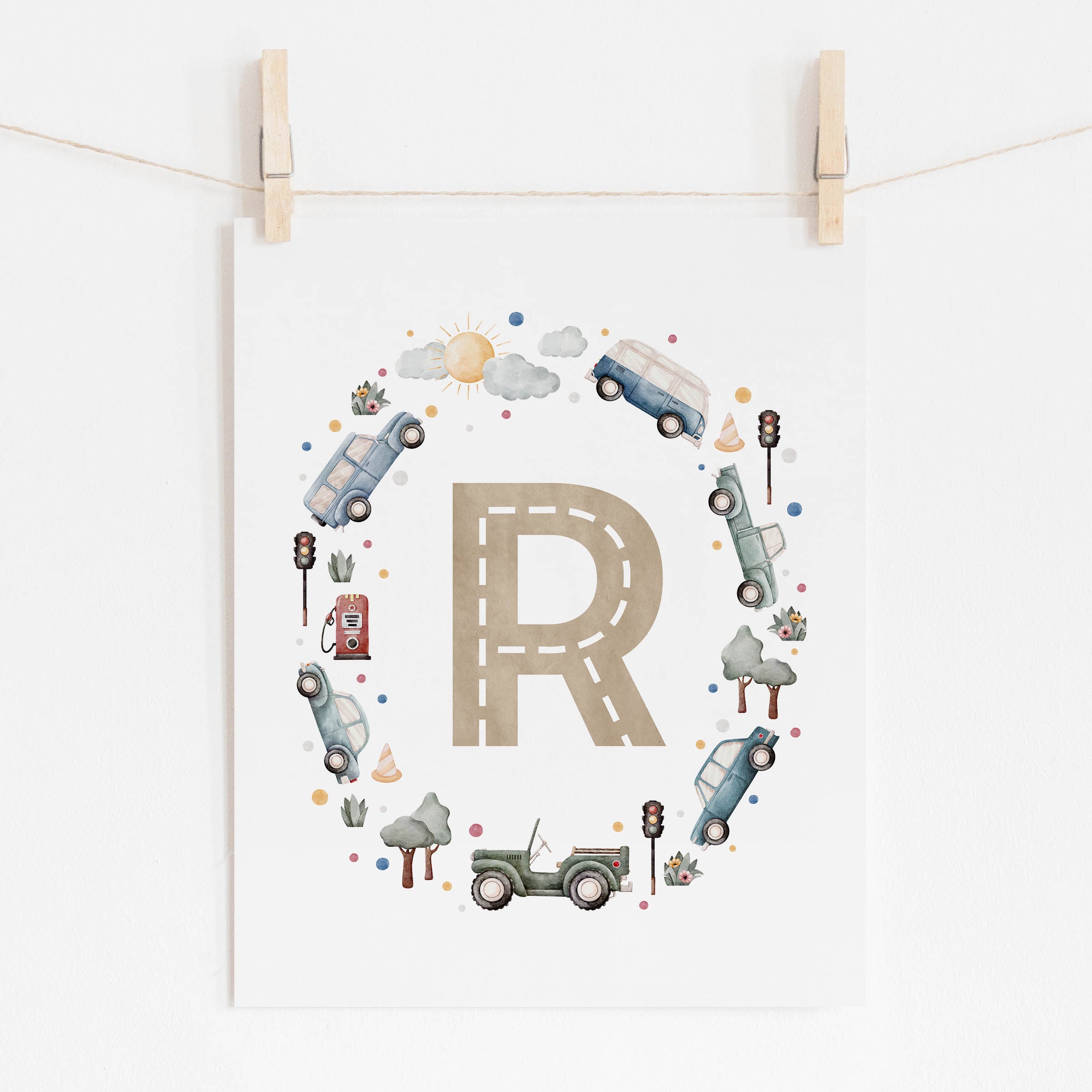 Car Themed Nursery Personalized Monogram Print | Blue/Green Cars