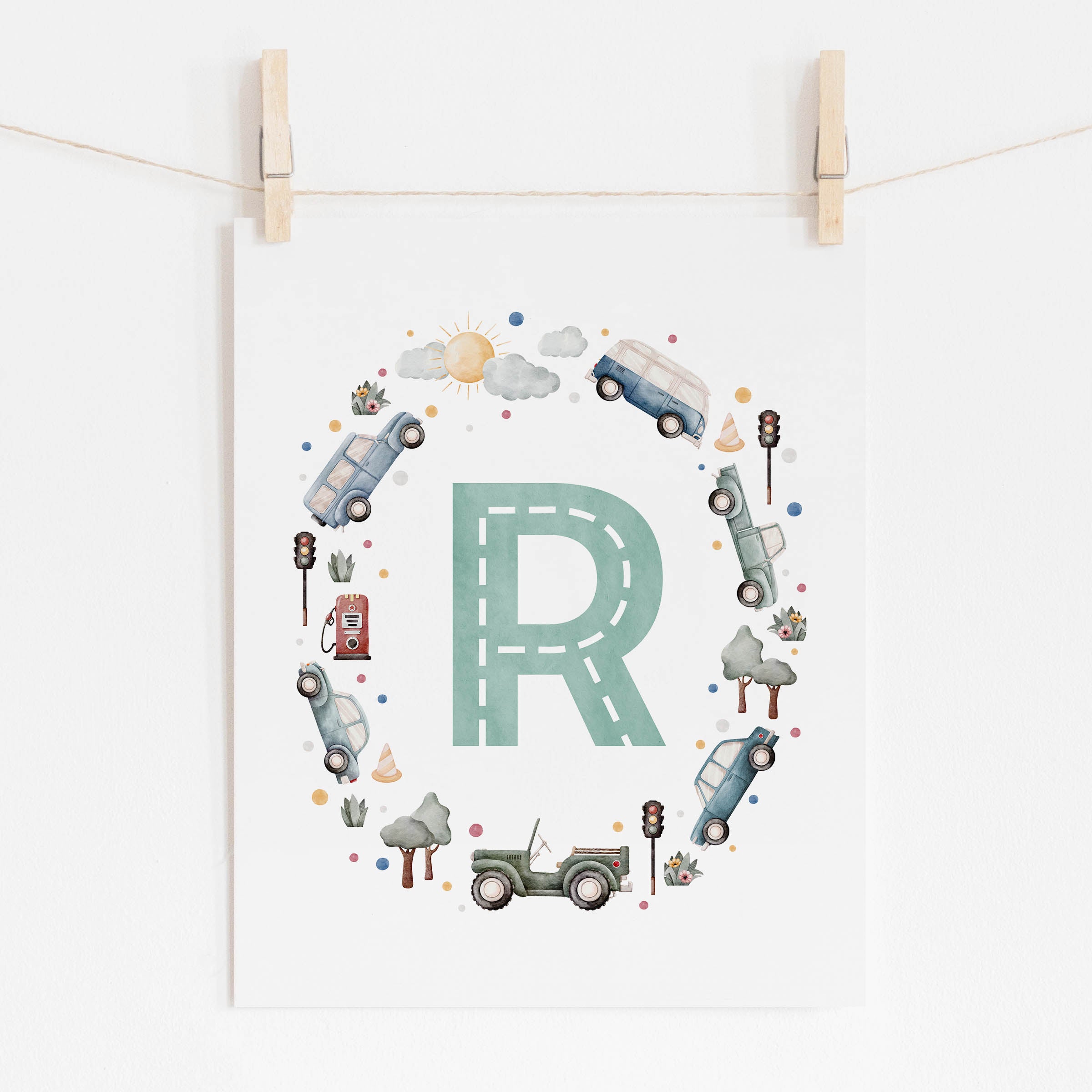 Car Themed Nursery Personalized Monogram Print | Blue/Green Cars