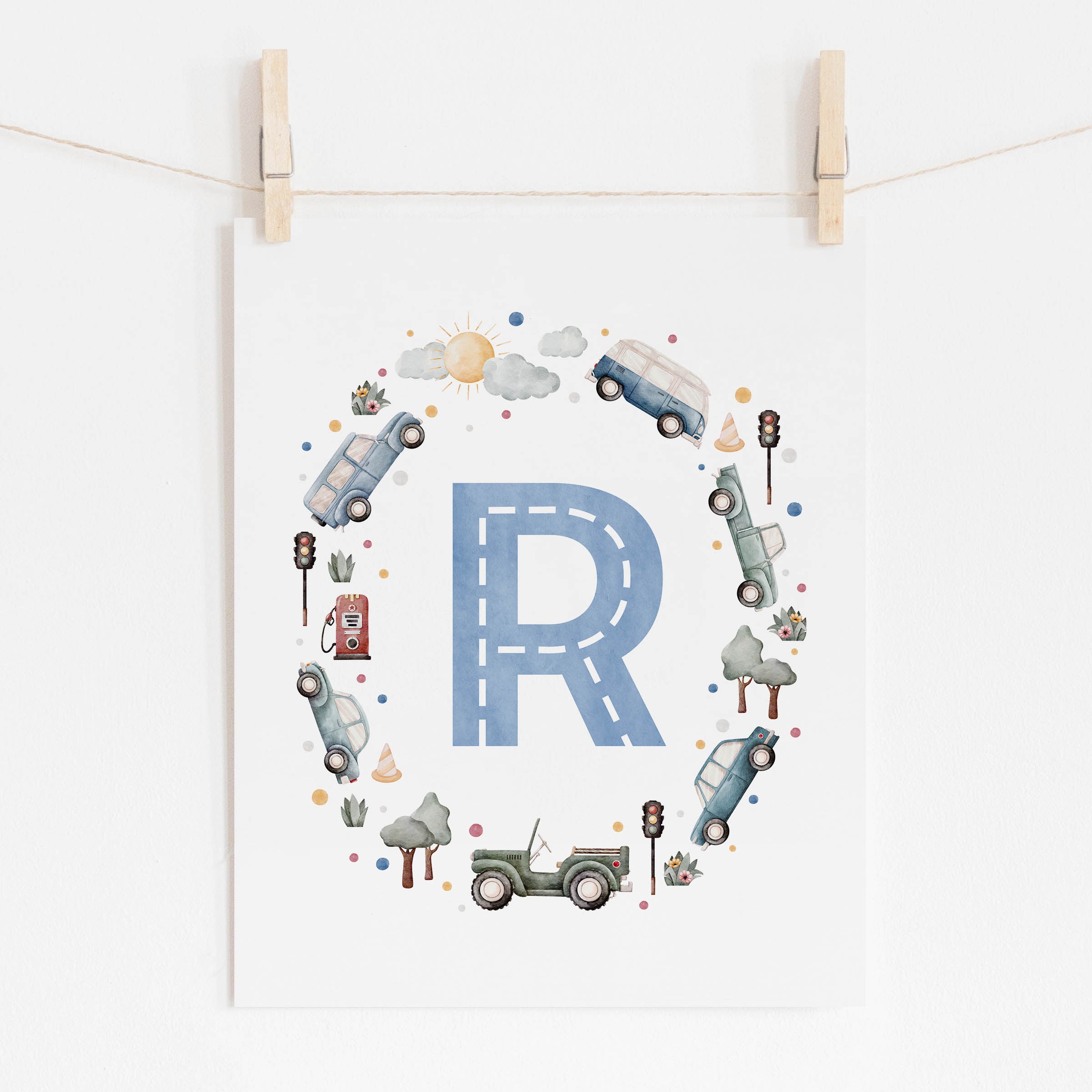 Car Themed Nursery Personalized Monogram Print | Blue/Green Cars