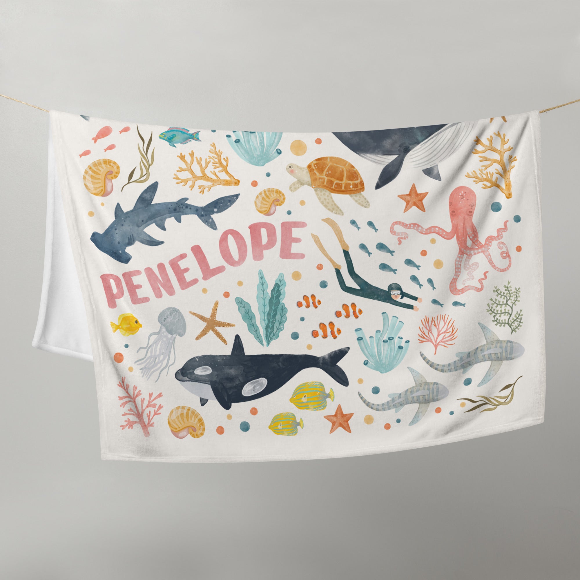 Custom Name Baby Blanket with Sea Animals (Freediving Edition) | Soft Minky