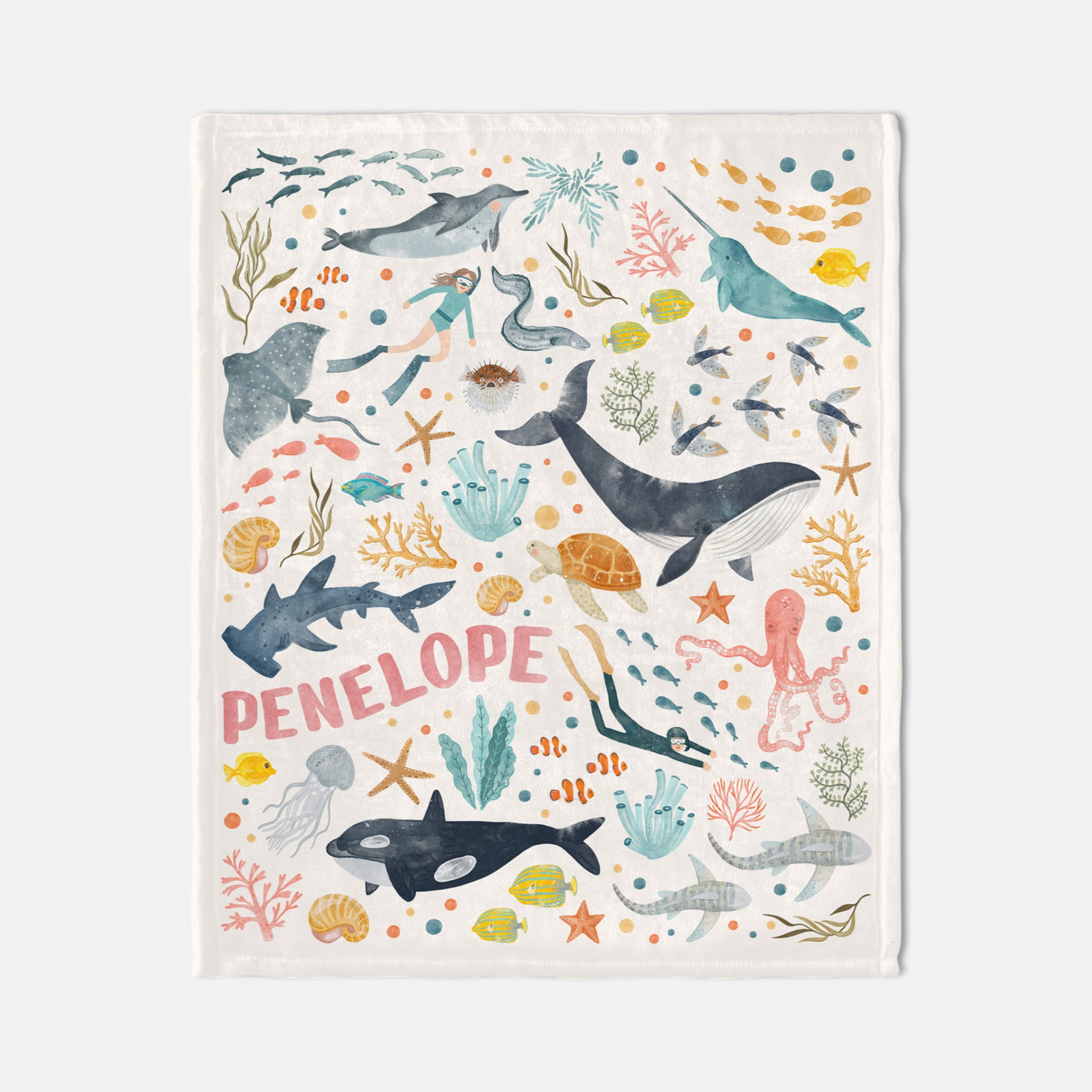 Custom Name Baby Blanket with Sea Animals (Freediving Edition) | Soft Minky
