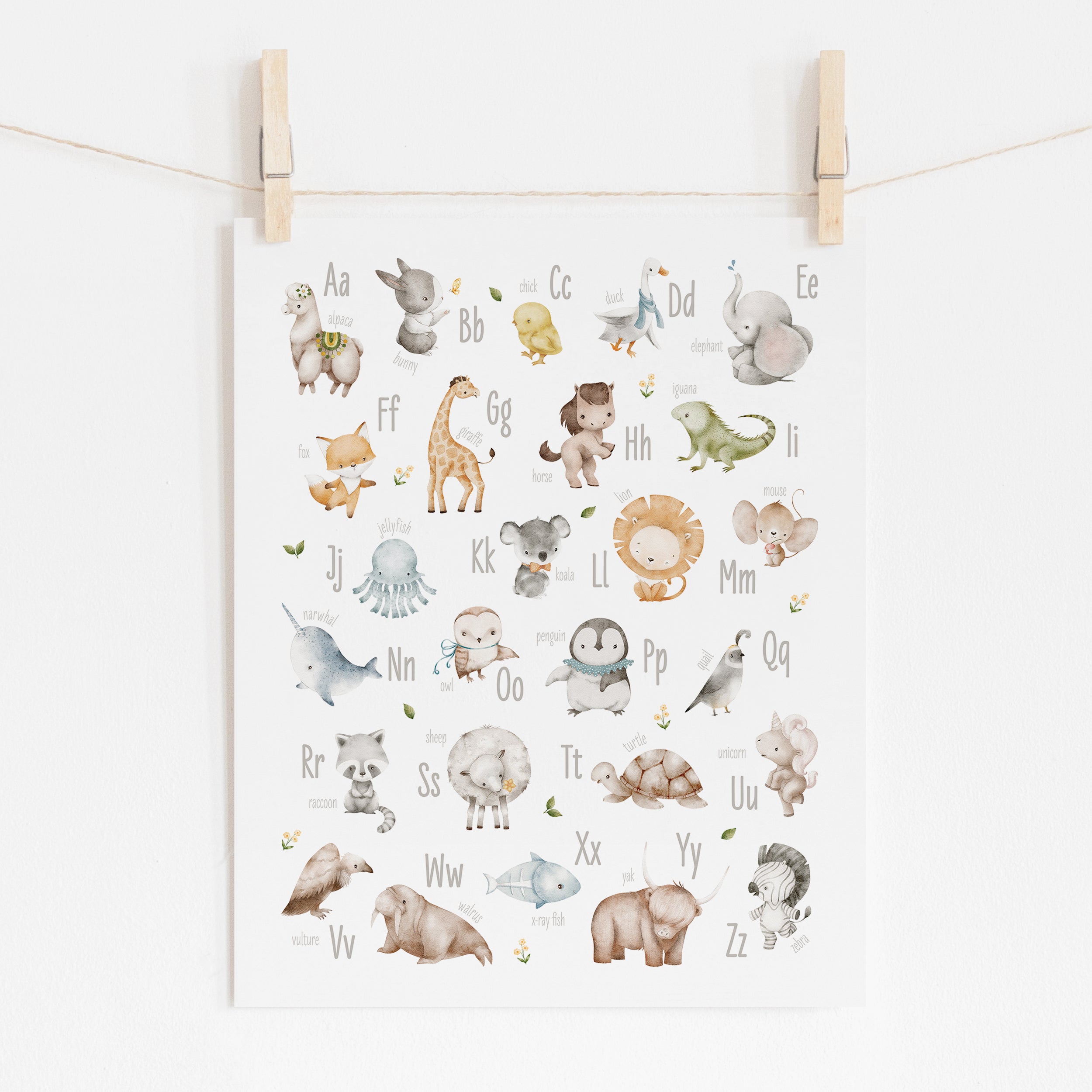 Watercolor Animal Alphabet Nursery Poster, Yellow Florals