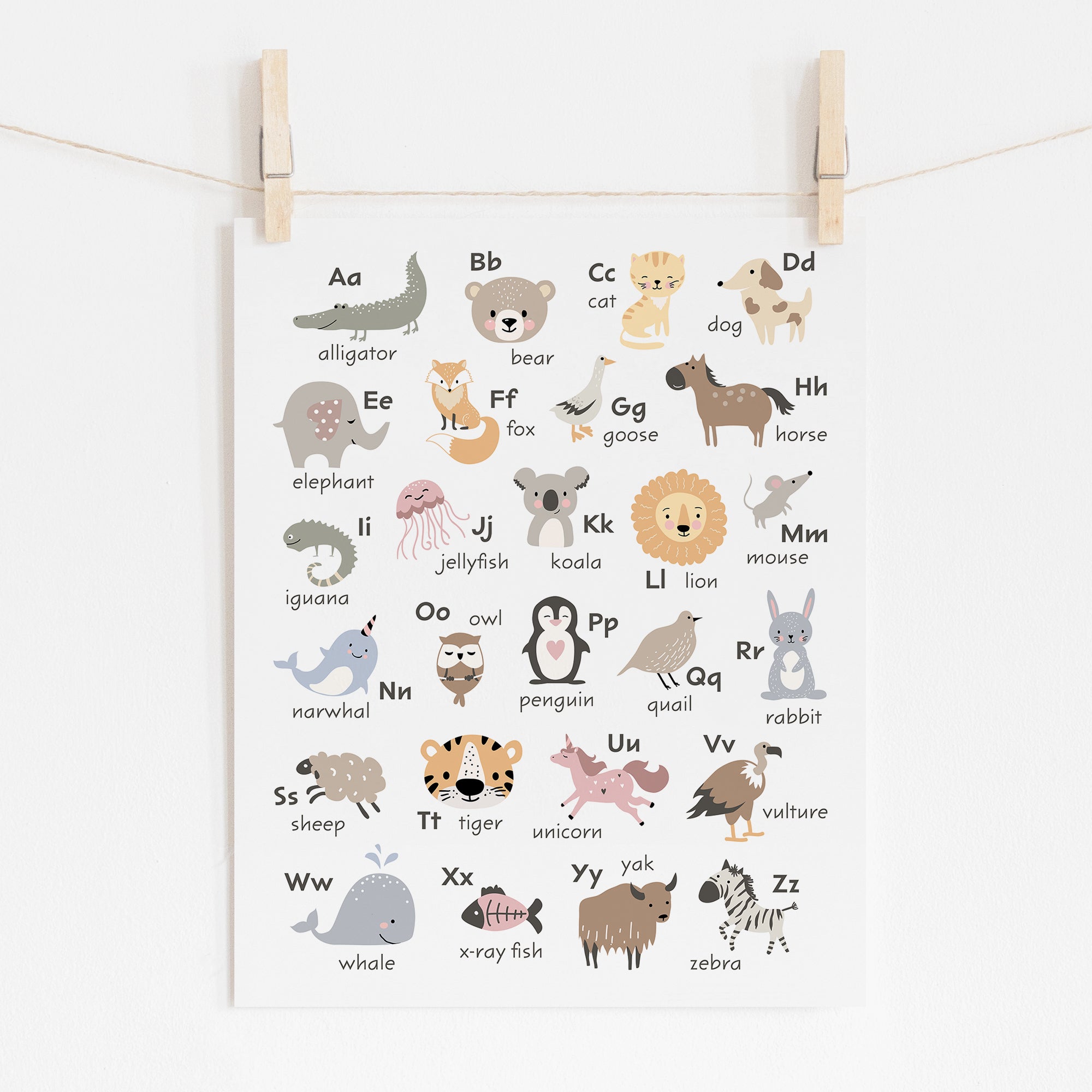 Cute Animal Alphabet Poster For Nurseries and Playrooms
