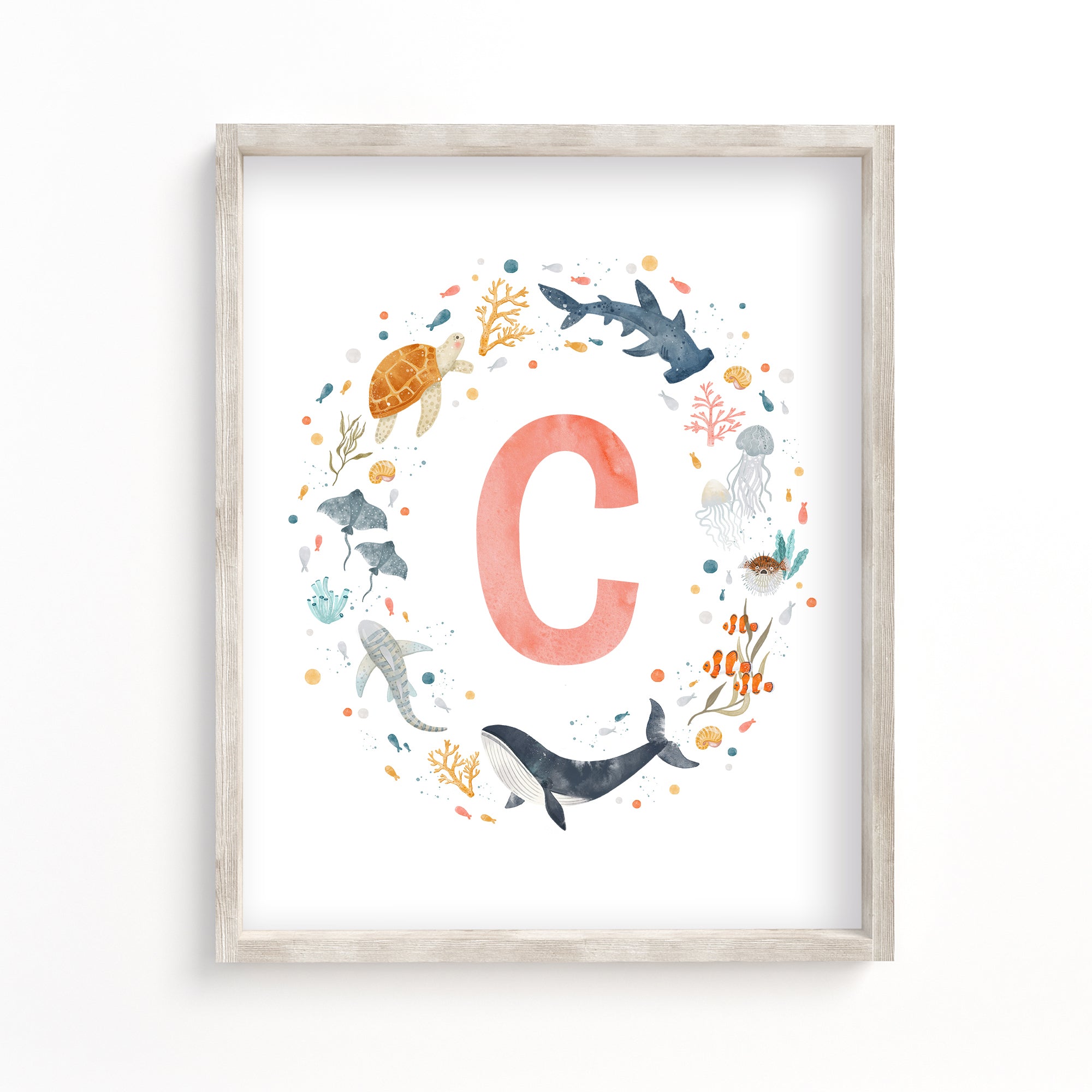 Personalized Sea Animals Nursery Art - Monogram Print in Coral