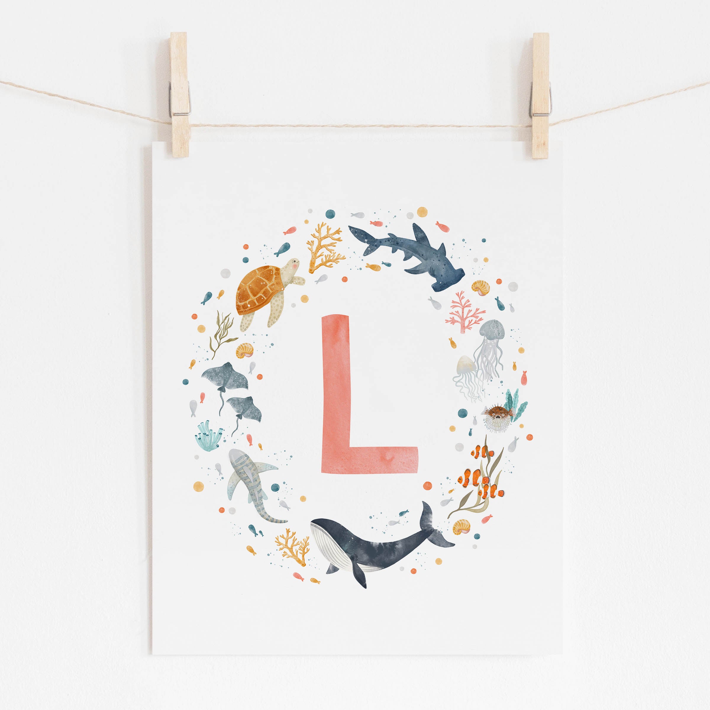 Personalized Sea Animals Nursery Art - Monogram Print in Coral
