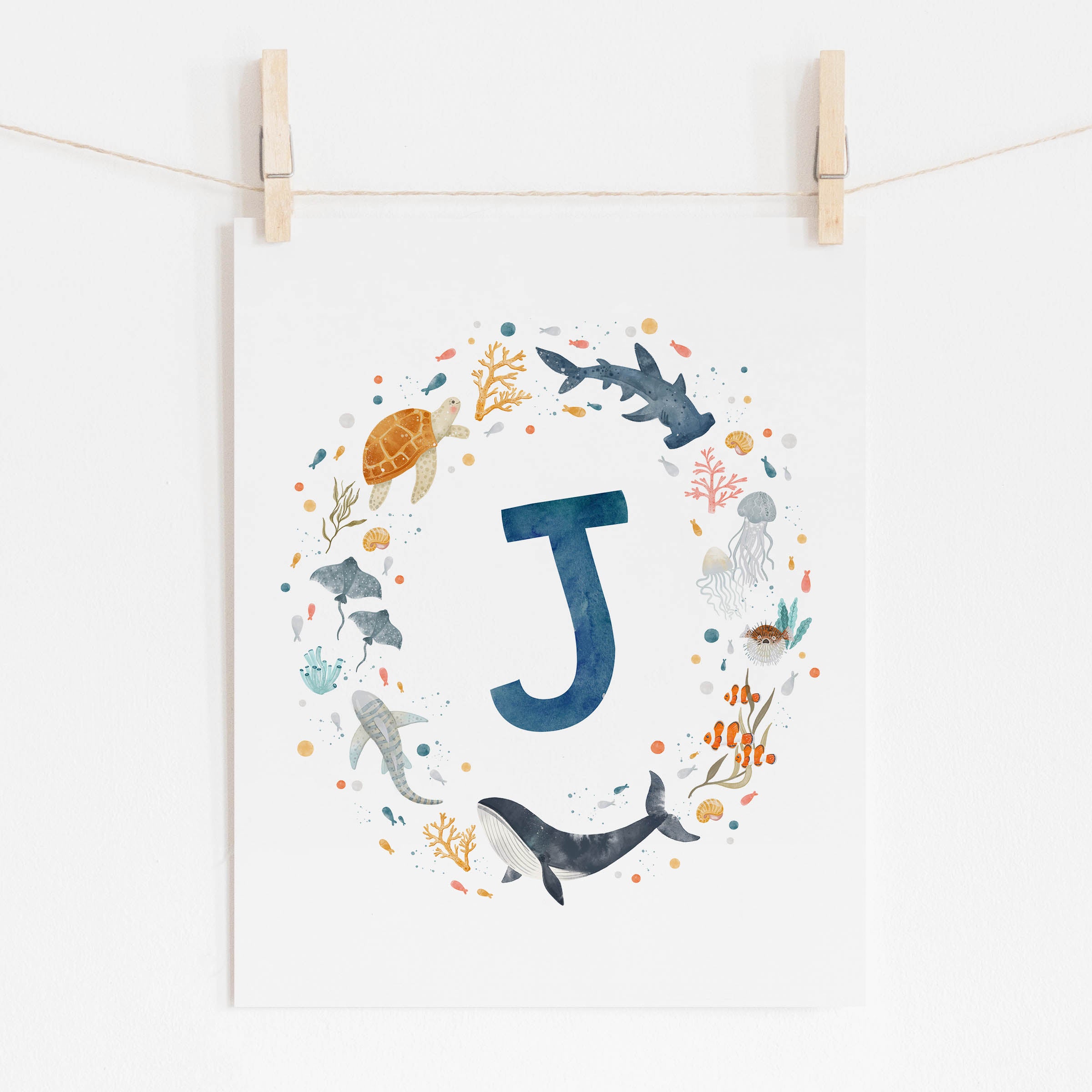 Personalized Letter Art Print with Ocean Animals