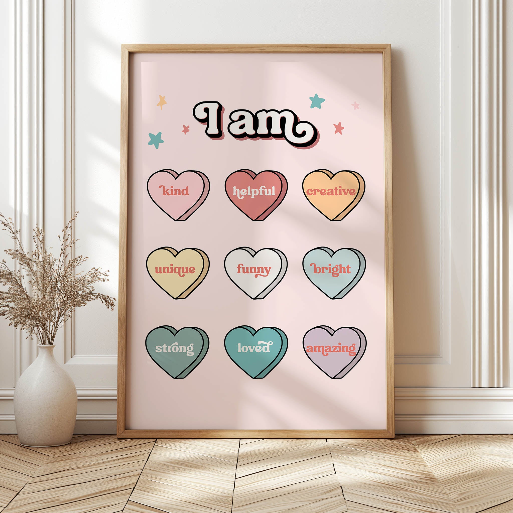 Retro Valentine's Day Candy Hearts Poster with Positive Affirmations