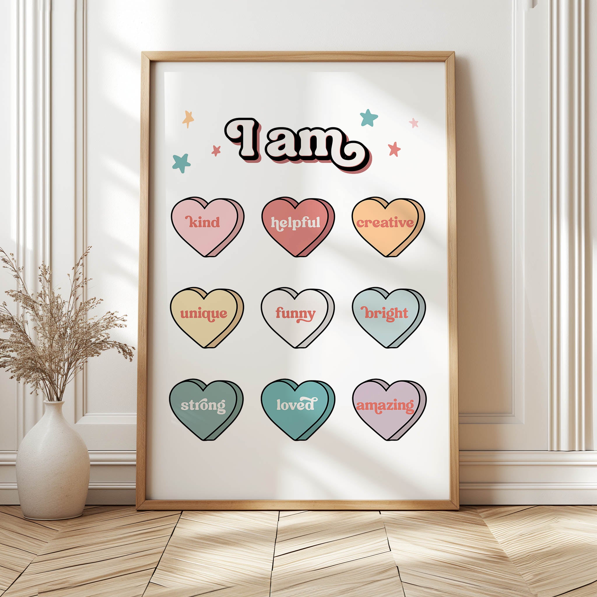 Retro Valentine's Day Candy Hearts Poster with Positive Affirmations