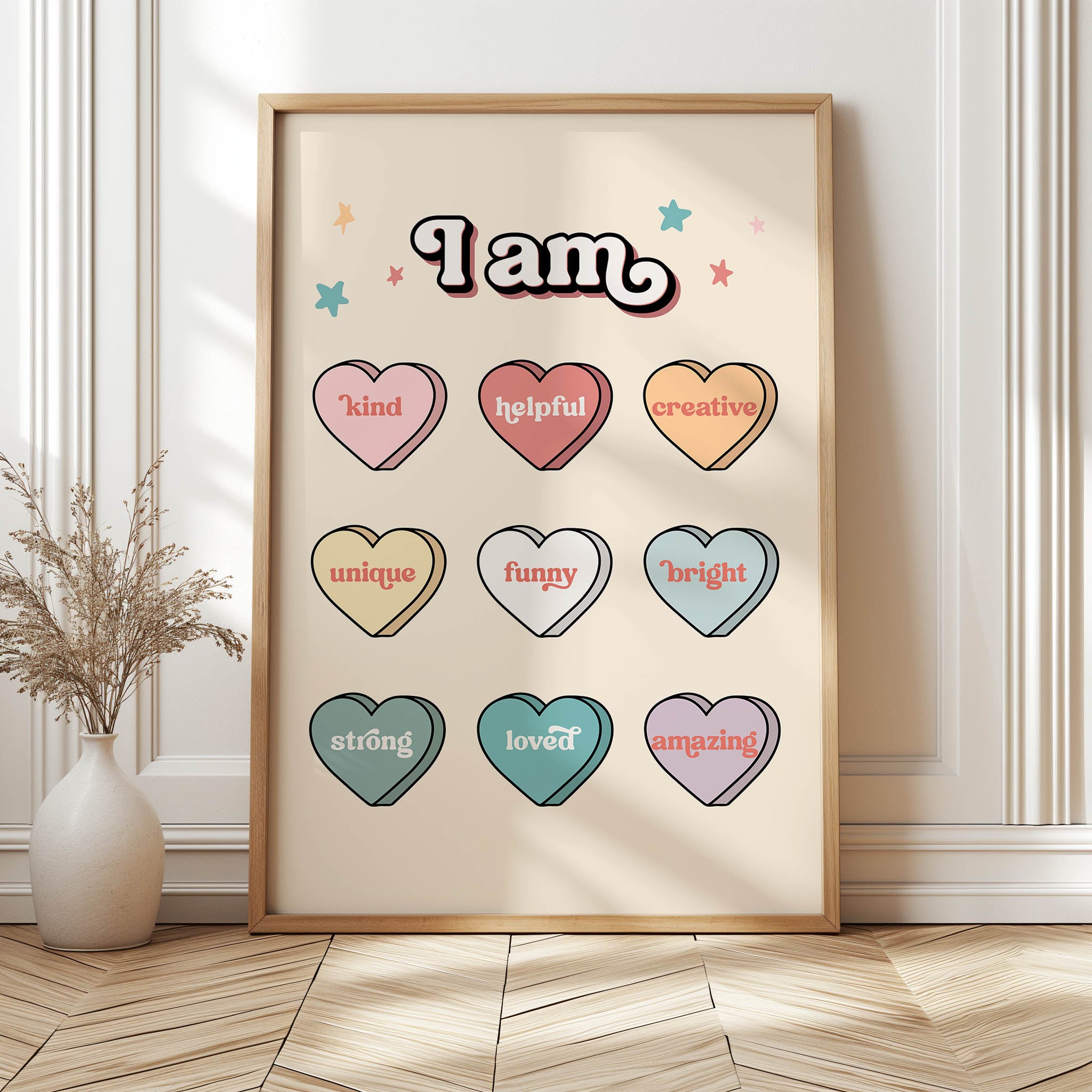Retro Valentine's Day Candy Hearts Poster with Positive Affirmations
