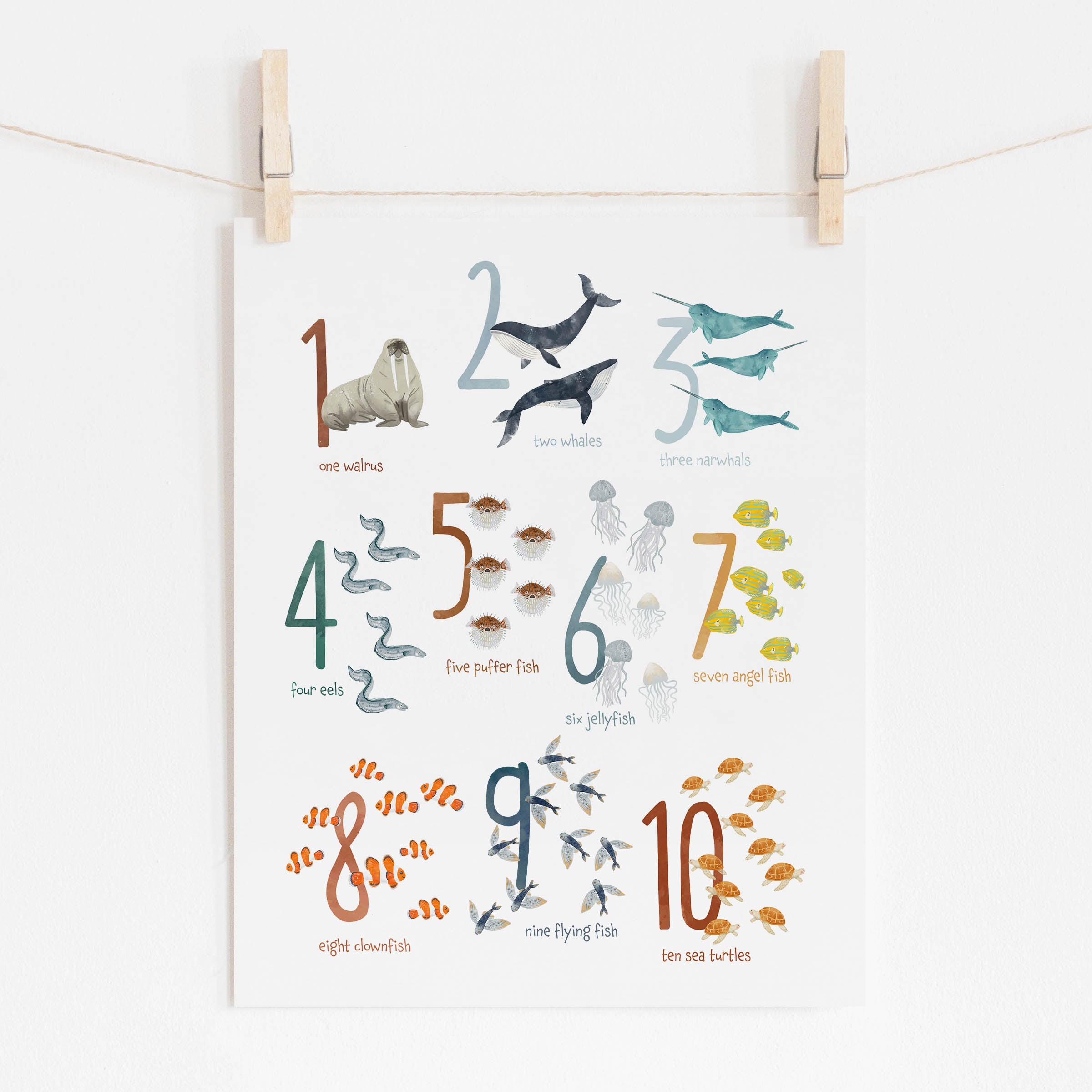 A poster design with sea animals and the numbers 1 to 10