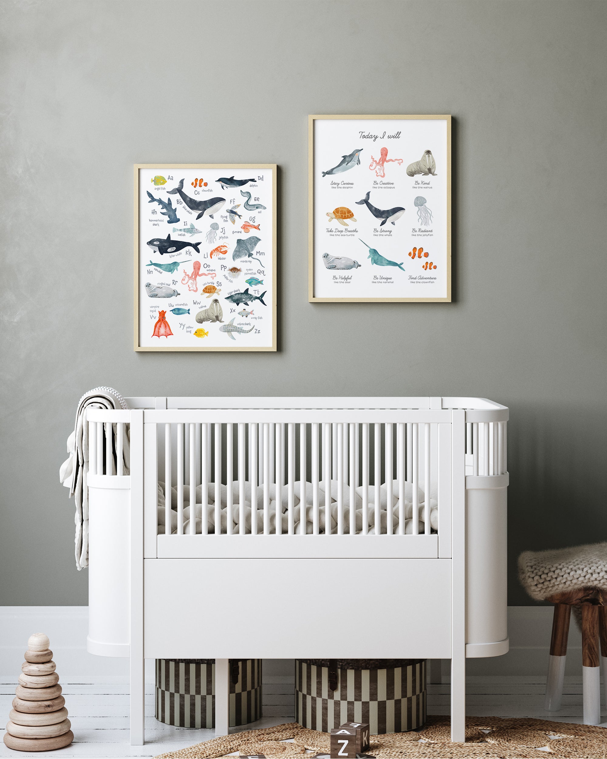 Set of 2 educational prints with sea animals and the alphabet and the numbers 1-10