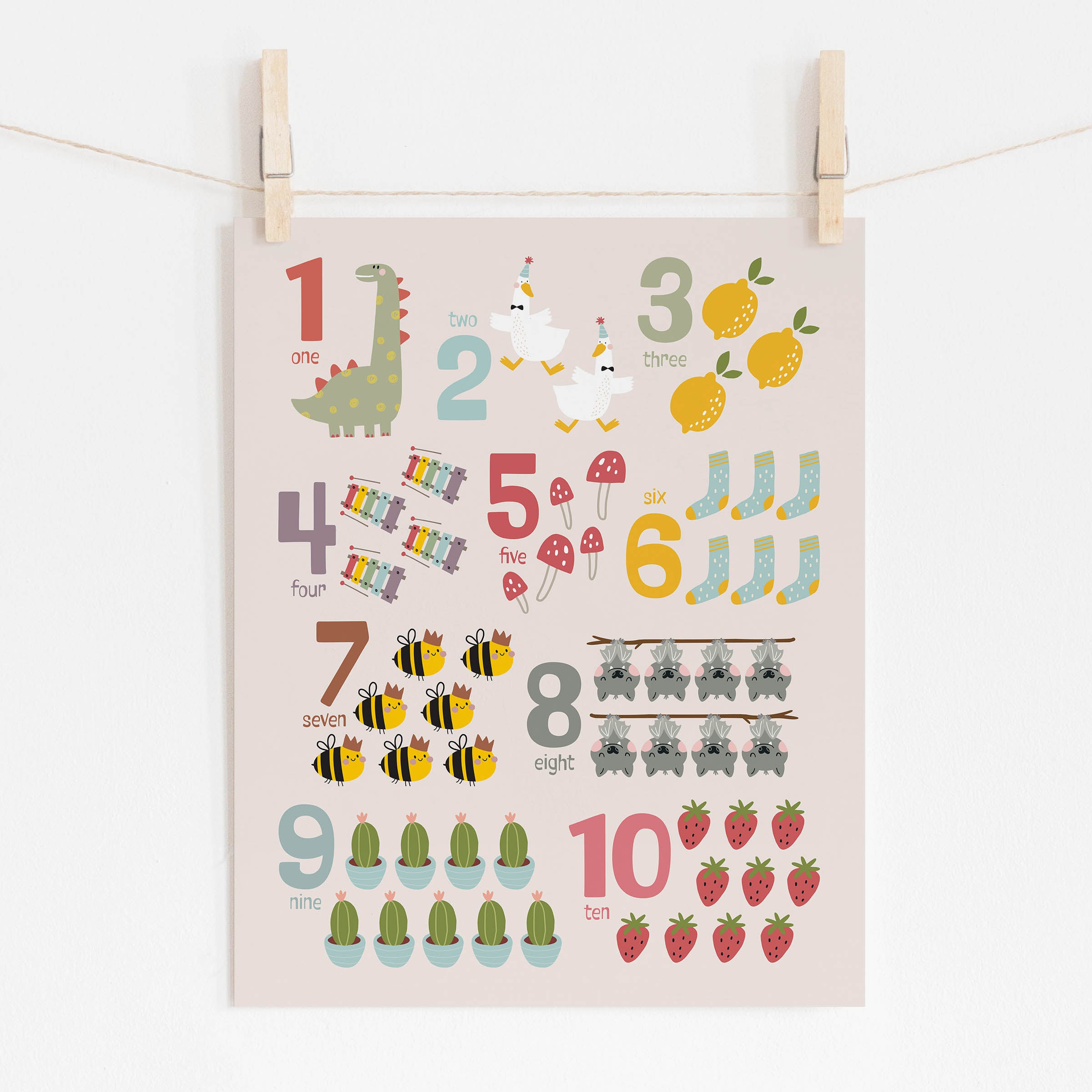 Numbers Poster with Whimsical Pastel Illustrations, Light Beige Background