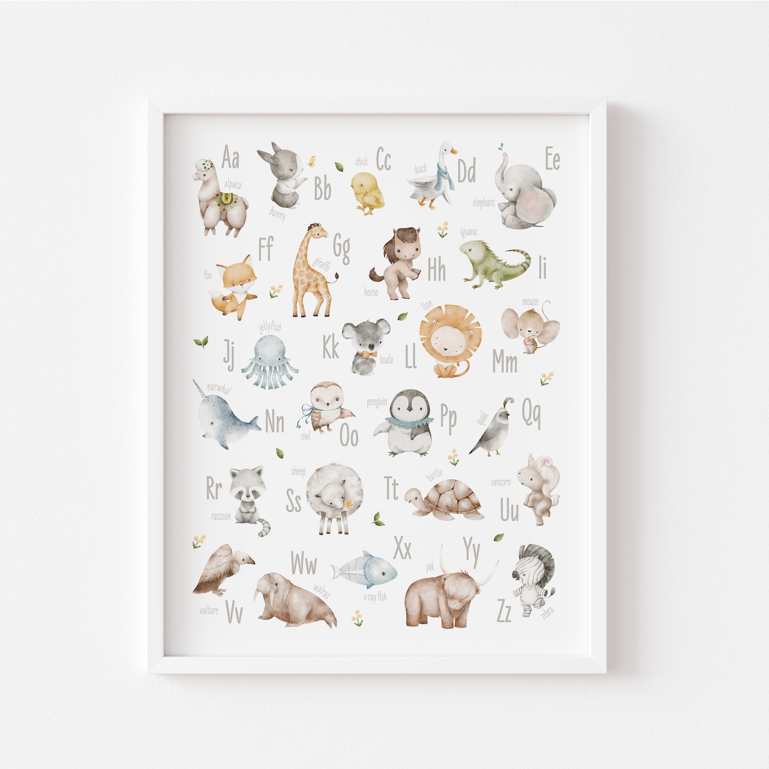 Watercolor Animal Alphabet Nursery Poster, Yellow Florals