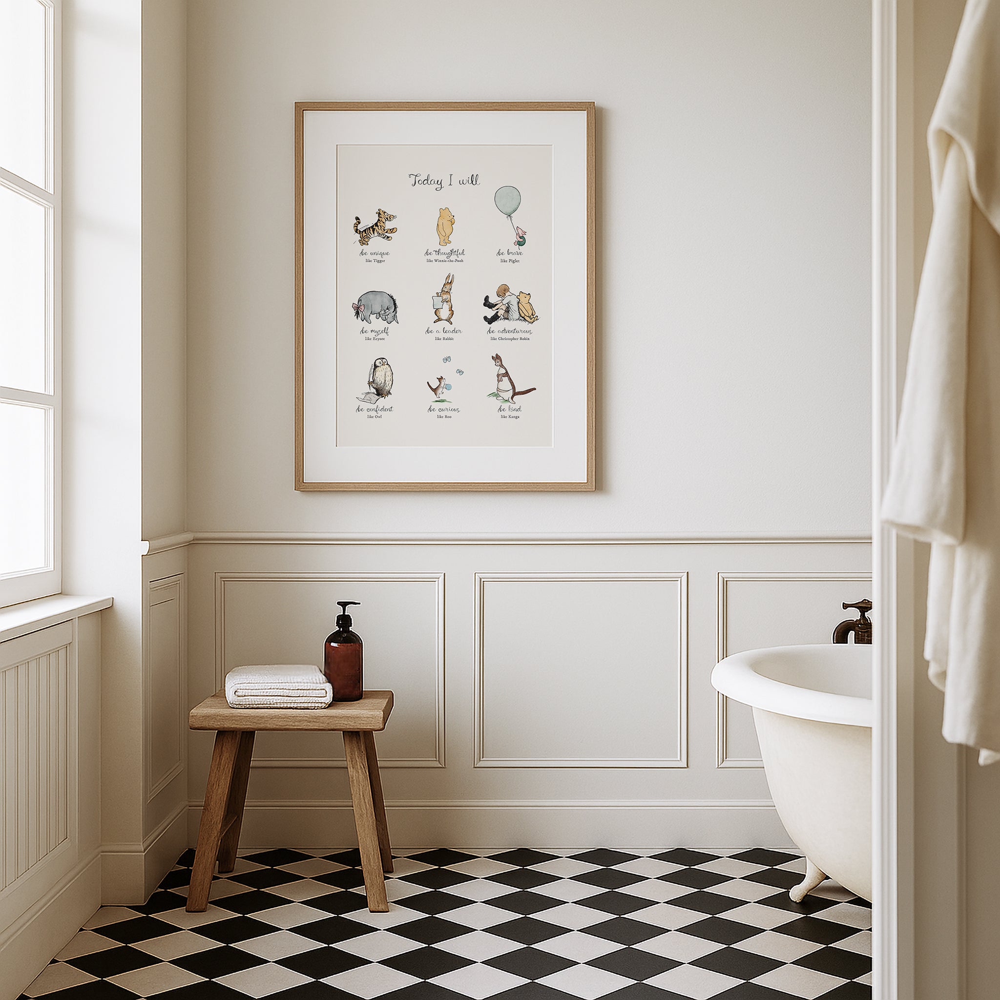 Today I Will Winnie-the-Pooh Nursery Wall Art, Minimal Neutral Style