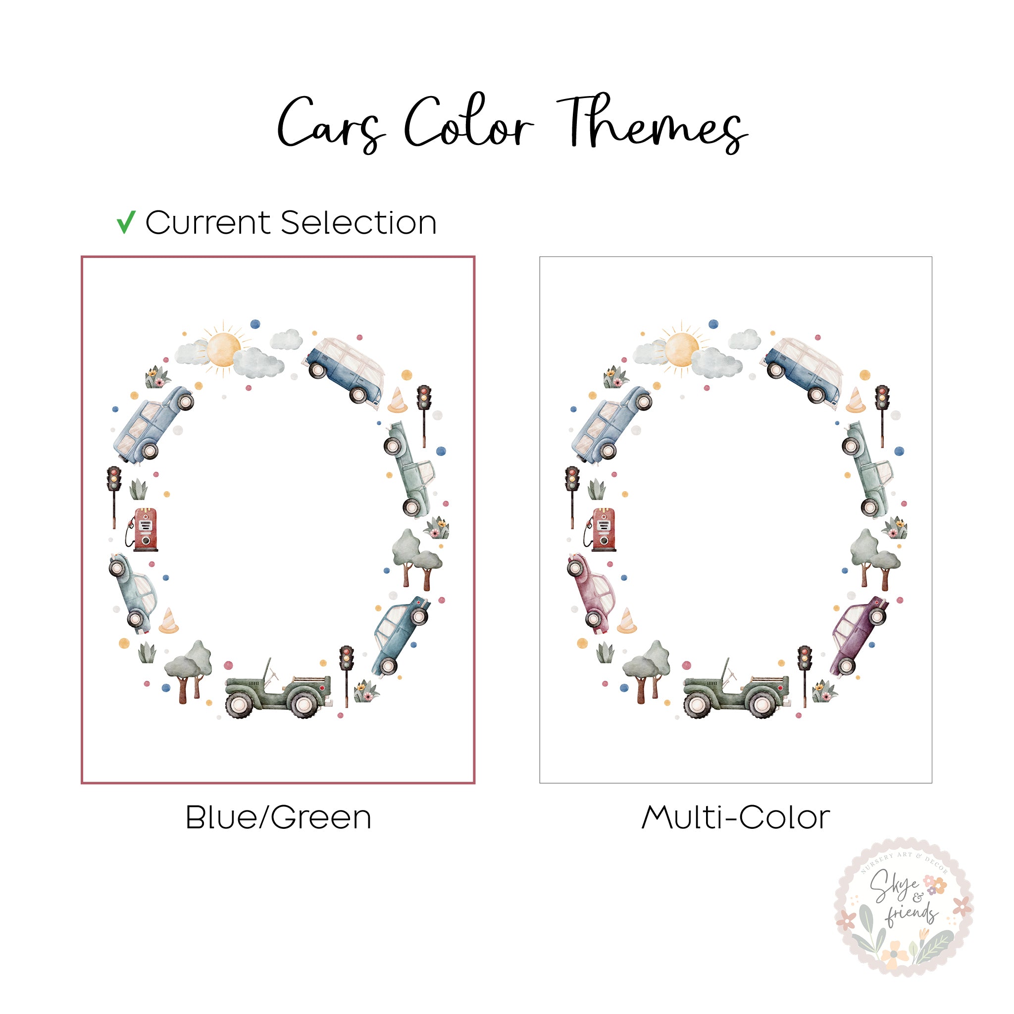 Car Themed Nursery Personalized Monogram Print | Blue/Green Cars