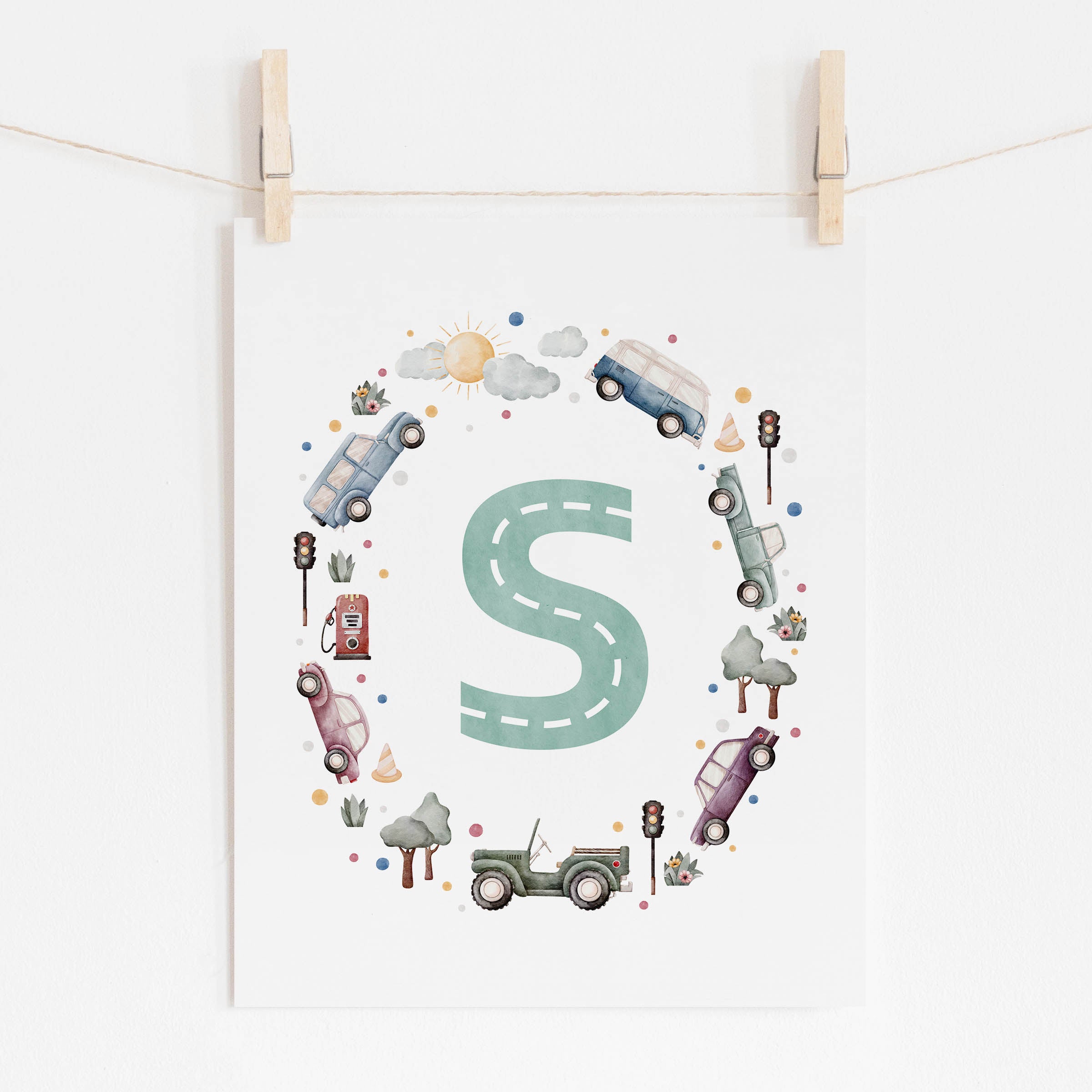 Car Themed Nursery Personalized Monogram Print | Multi-Color Cars