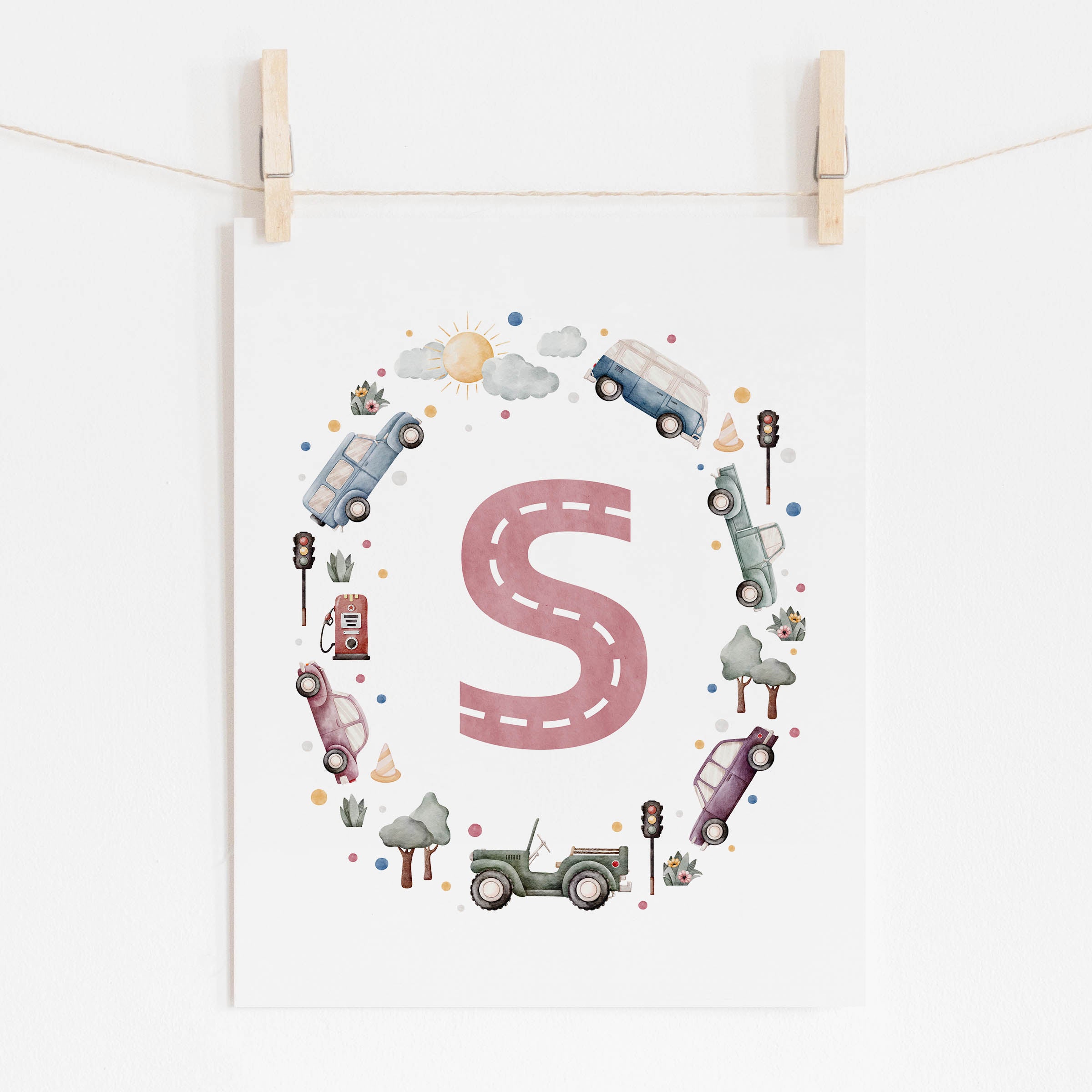 Car Themed Nursery Personalized Monogram Print | Multi-Color Cars