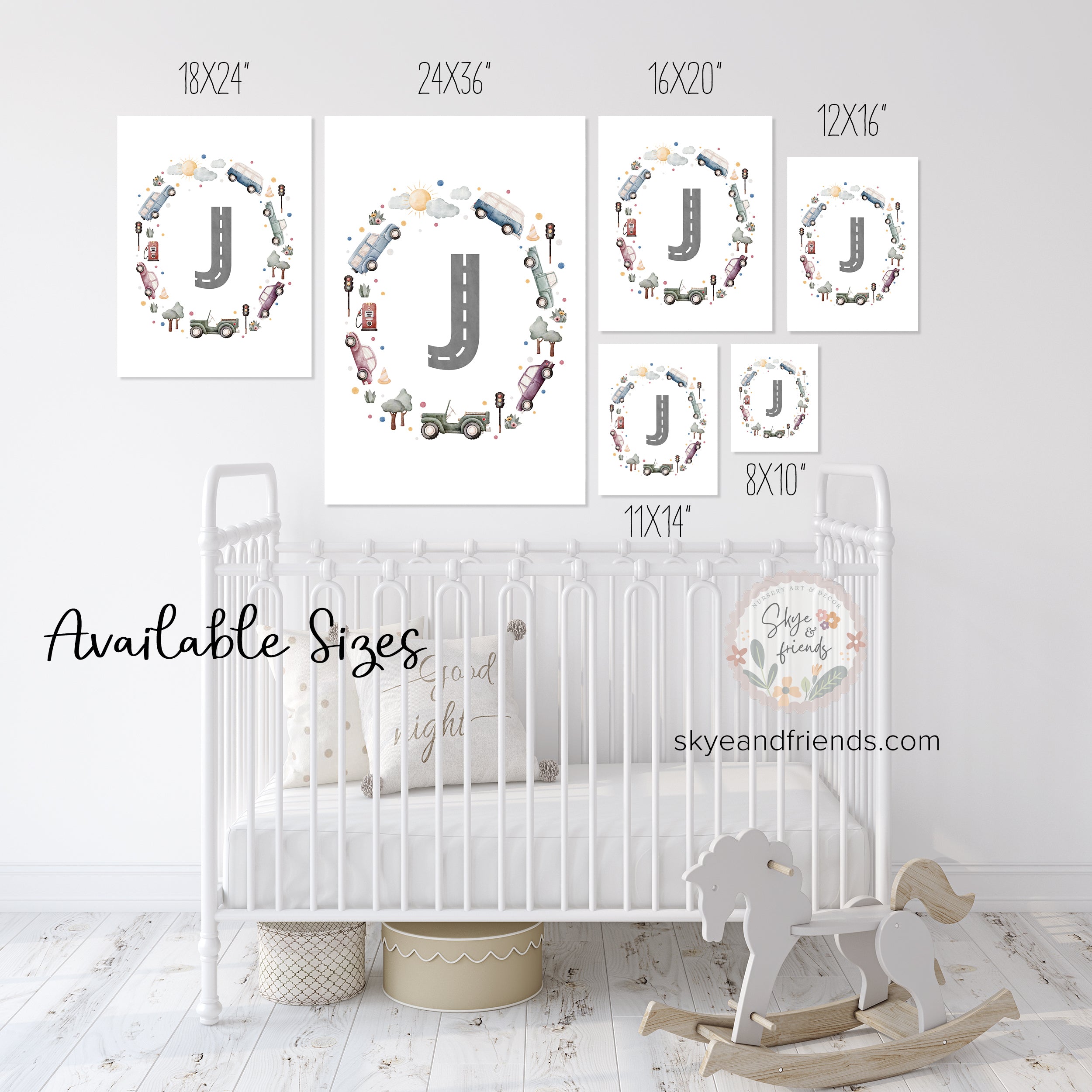 Car Themed Nursery Personalized Monogram Print | Multi-Color Cars