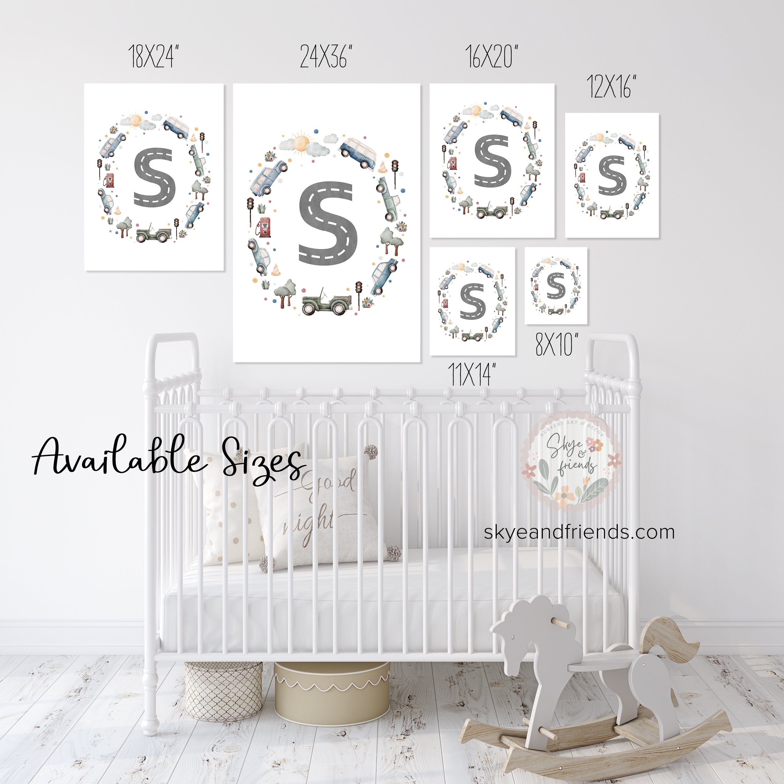 Car Themed Nursery Personalized Monogram Print | Blue/Green Cars