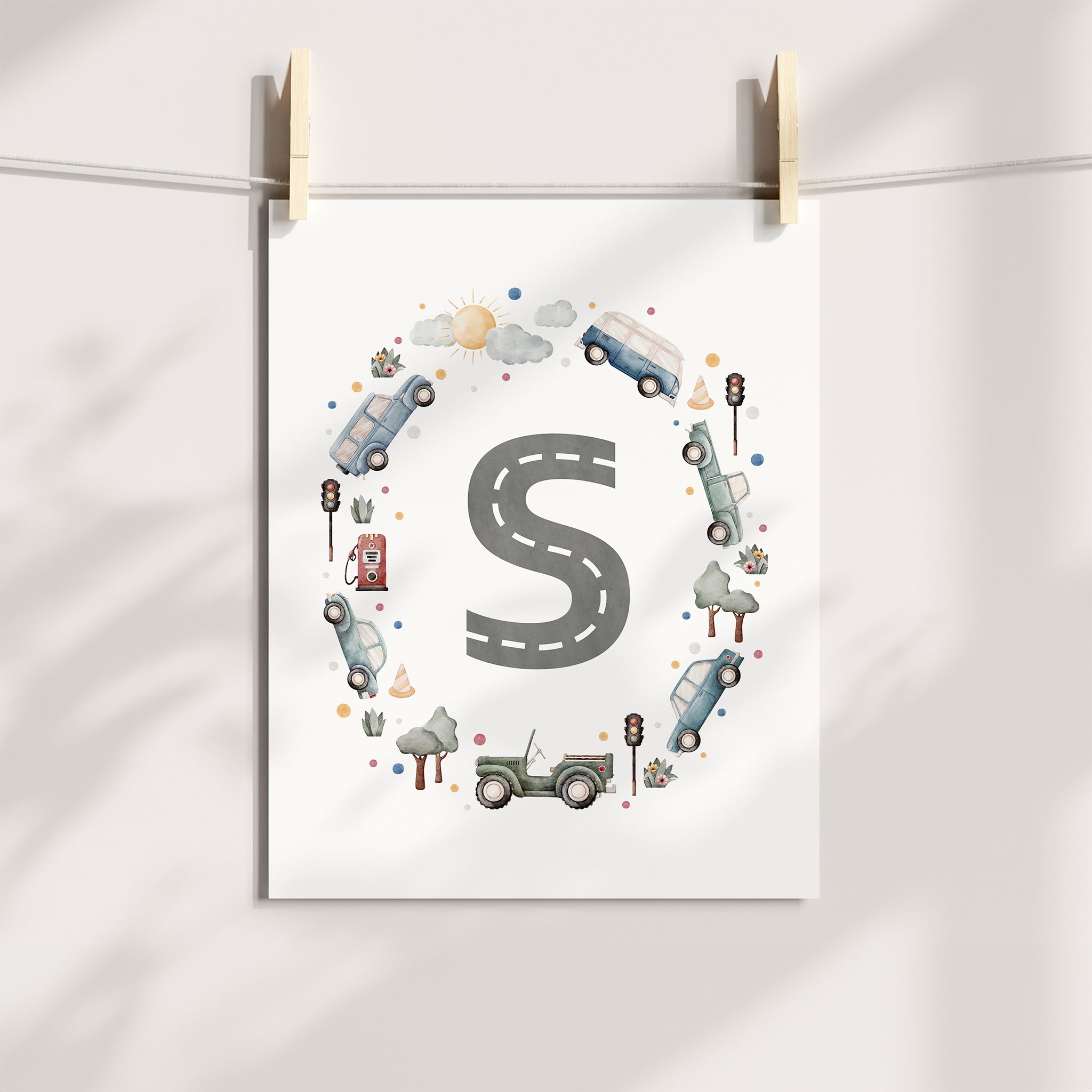 Car Themed Nursery Personalized Monogram Print | Blue/Green Cars