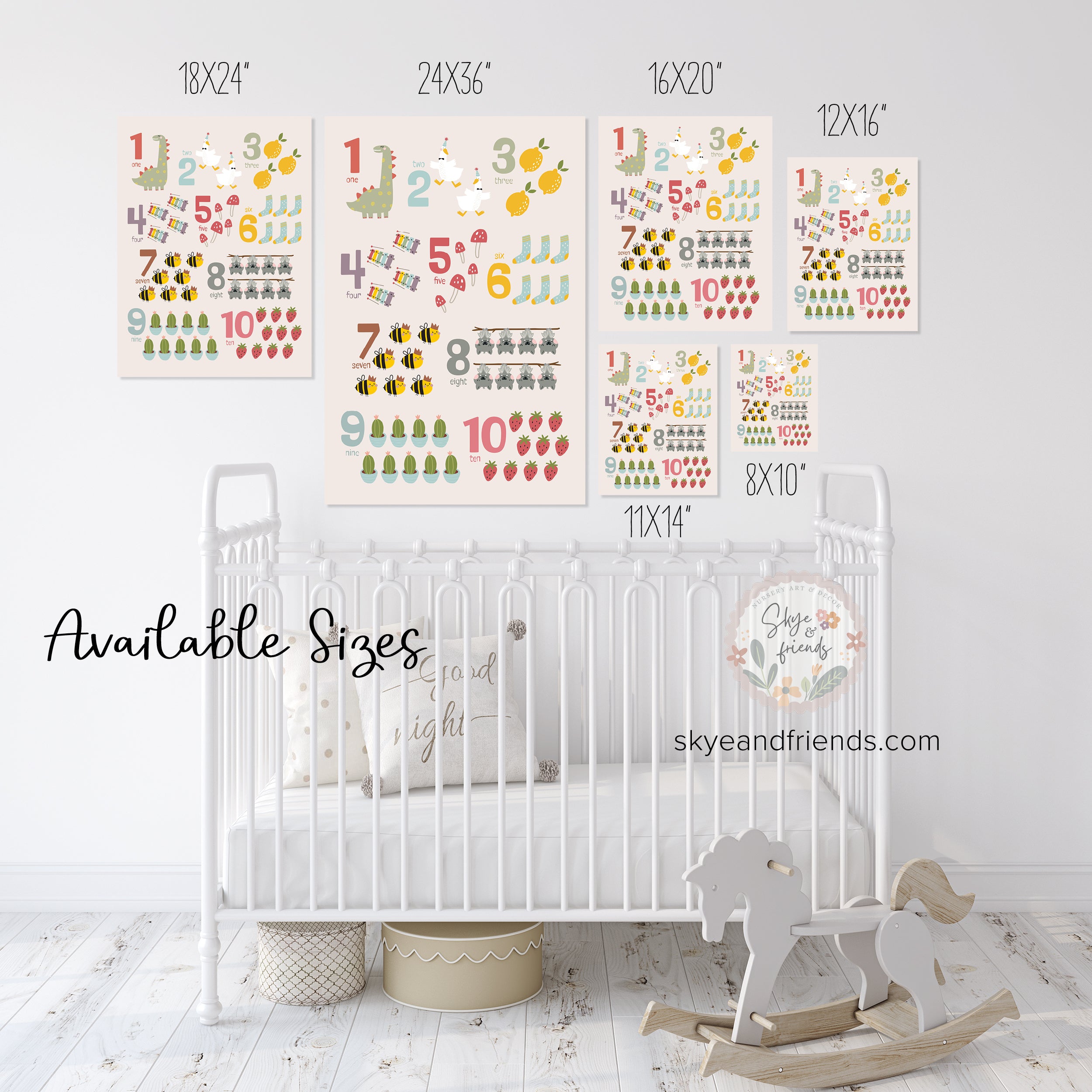 Numbers Poster with Whimsical Pastel Illustrations, Light Beige Background