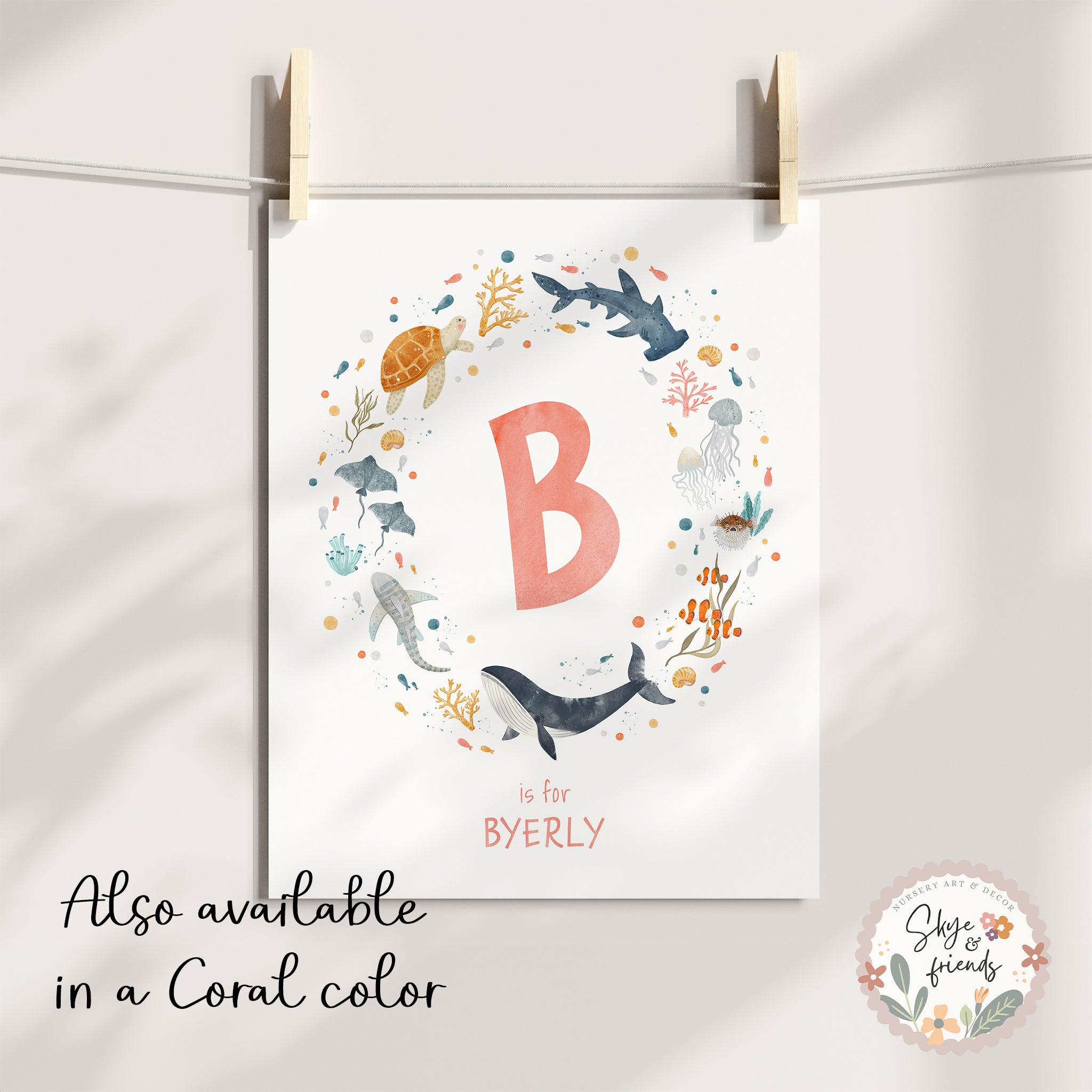Personalized Ocean Animals Nursery Art, Name and Monogram Print | Blue