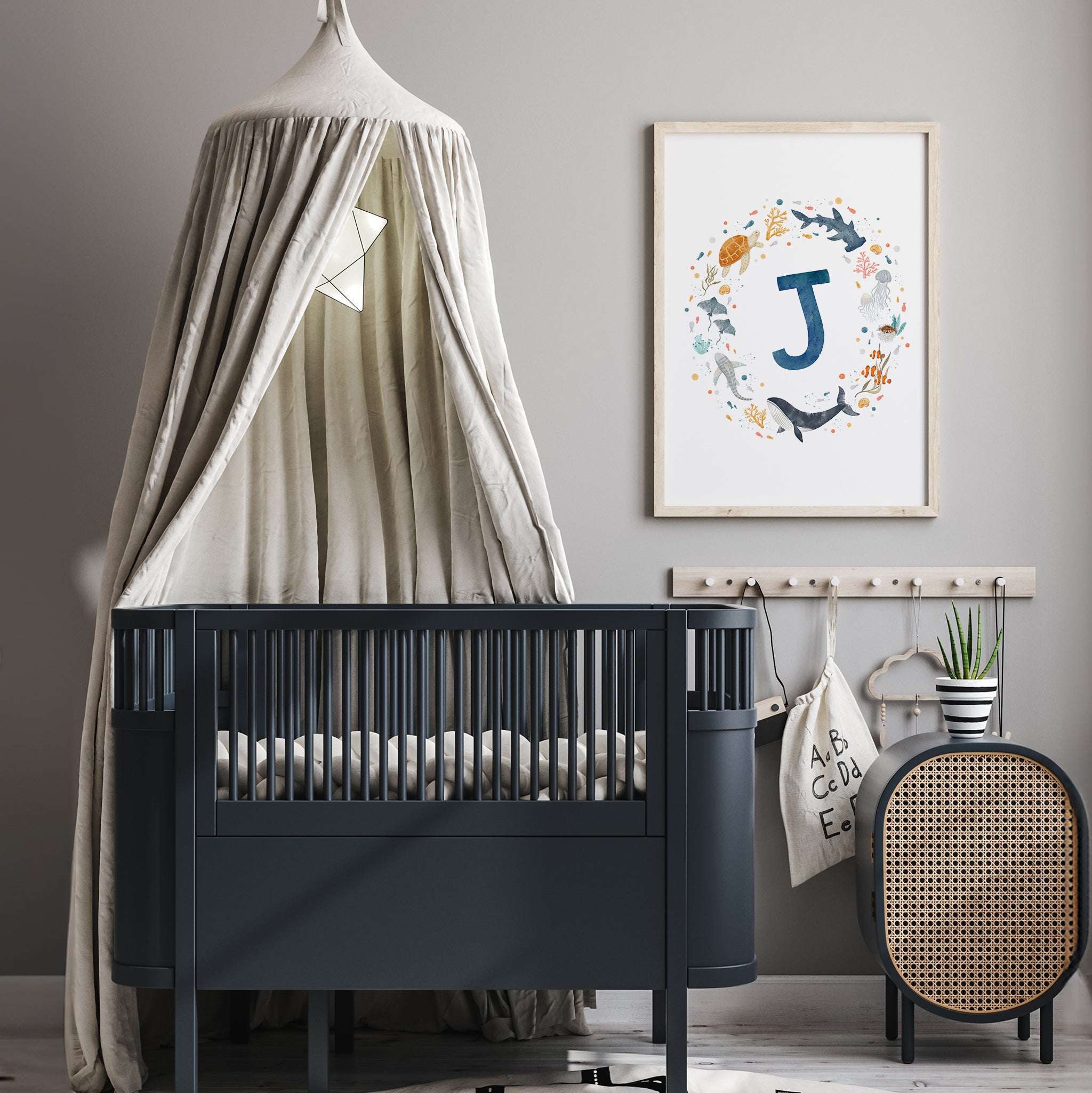 Personalized Ocean Animals Nursery Art - Monogram Print in Blue