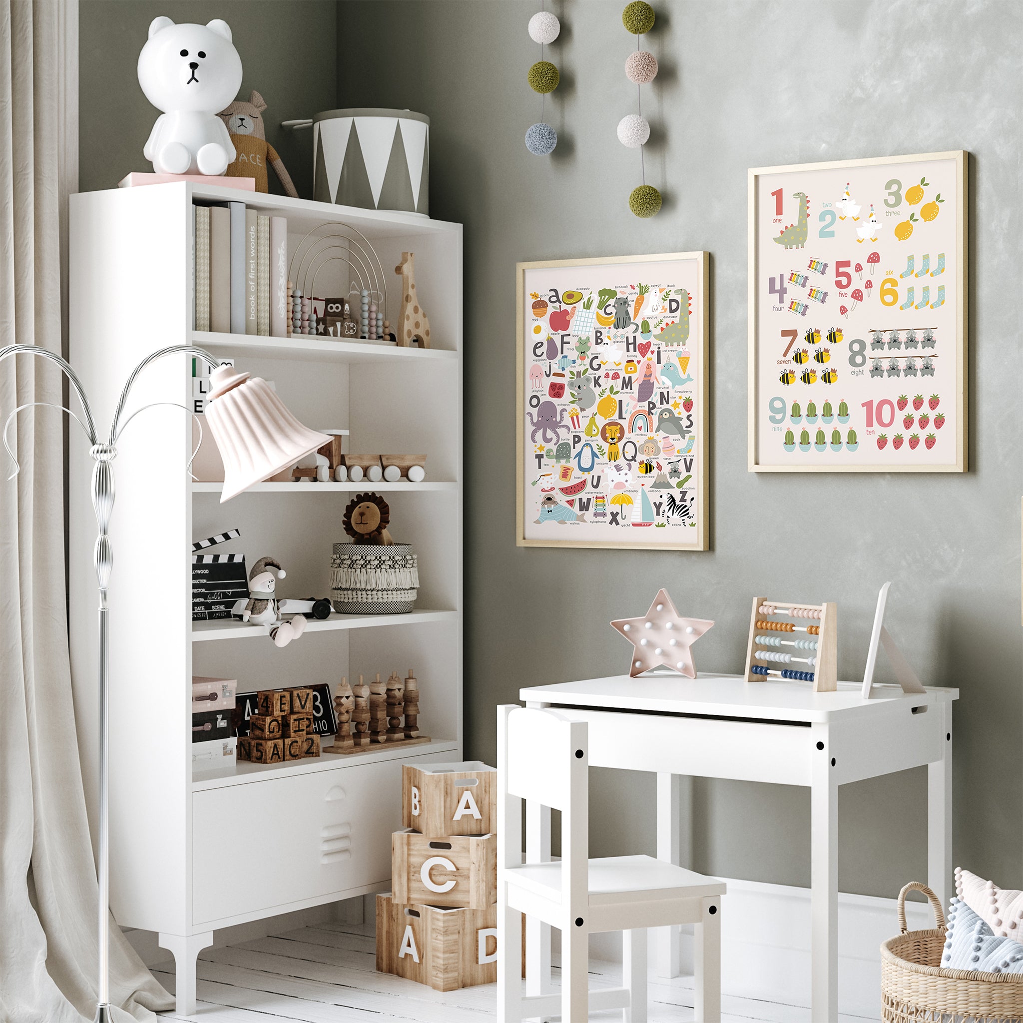 Numbers Poster with Whimsical Pastel Illustrations, Light Beige Background