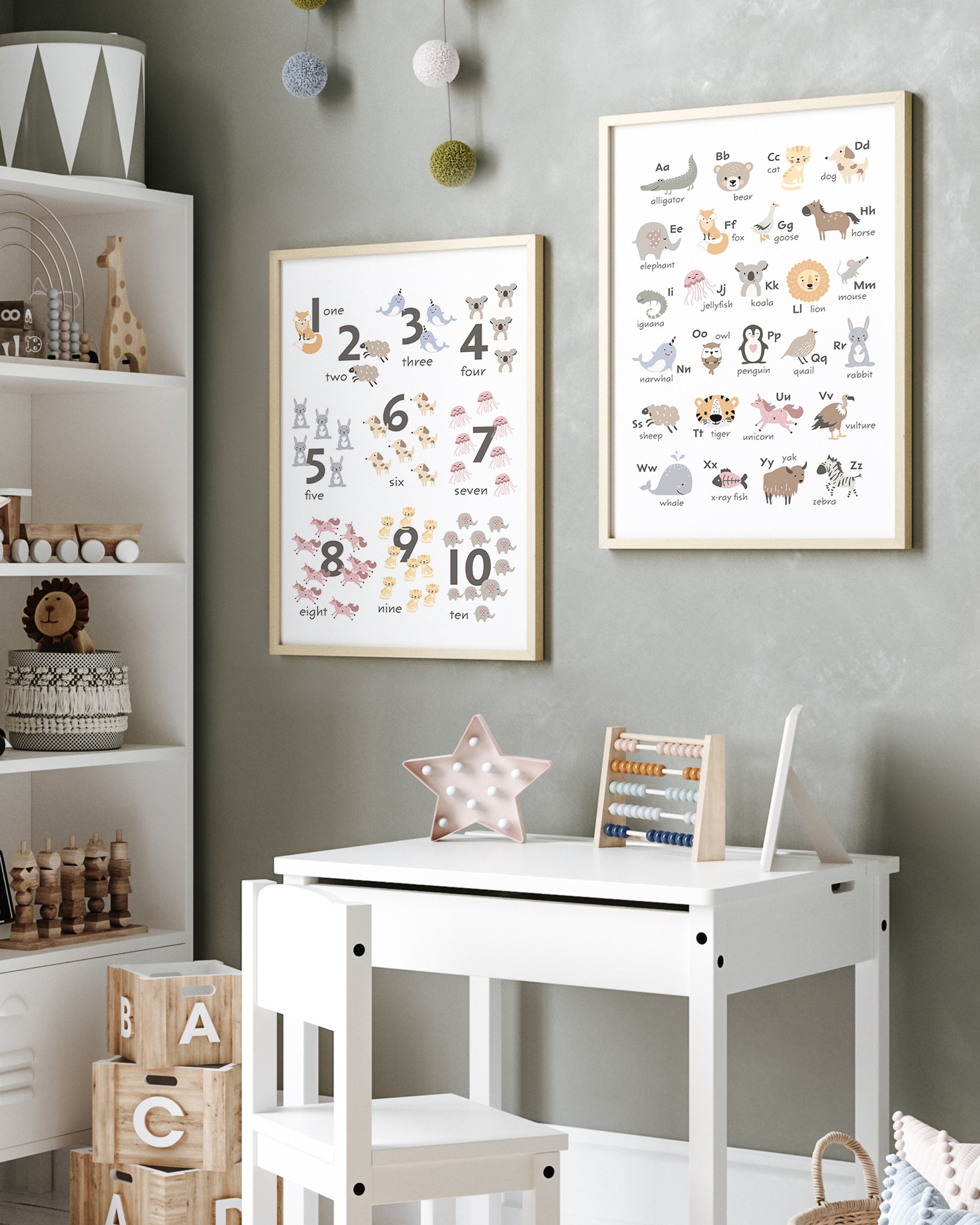 Set of 2 educational prints with cute animals and the alphabet and the numbers 1-10