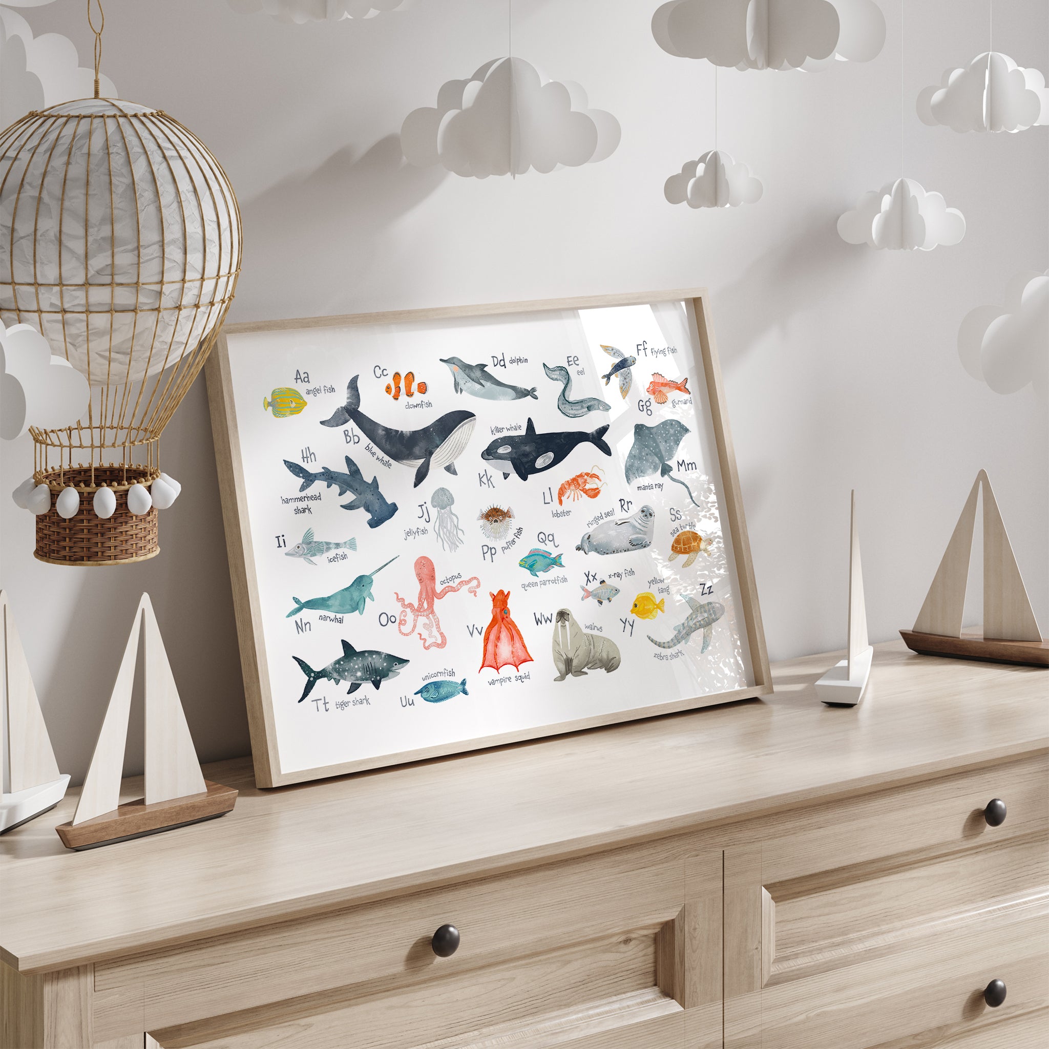 A nursery change table with a framed sea animals alphabet poster