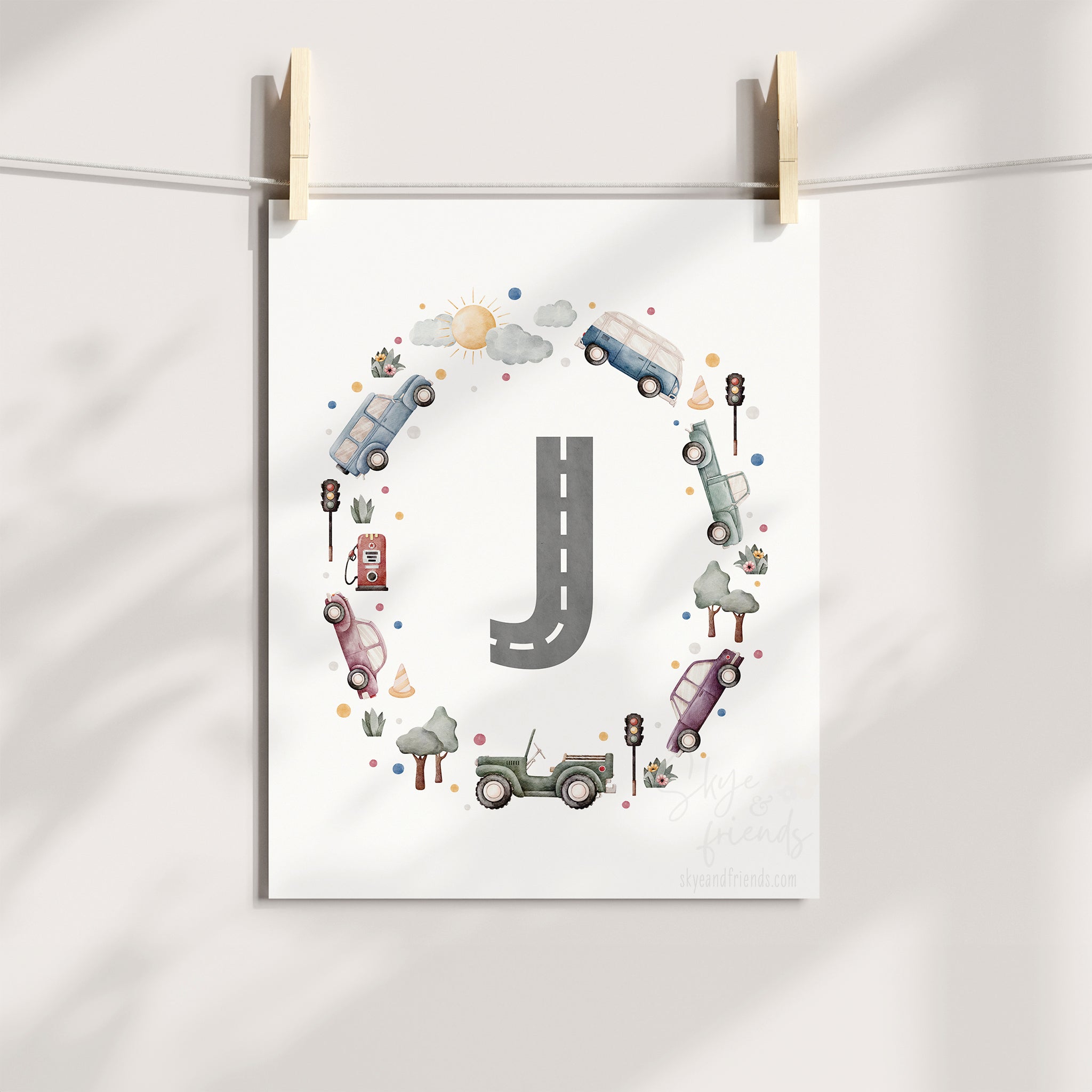 Car Themed Nursery Personalized Monogram Print | Multi-Color Cars