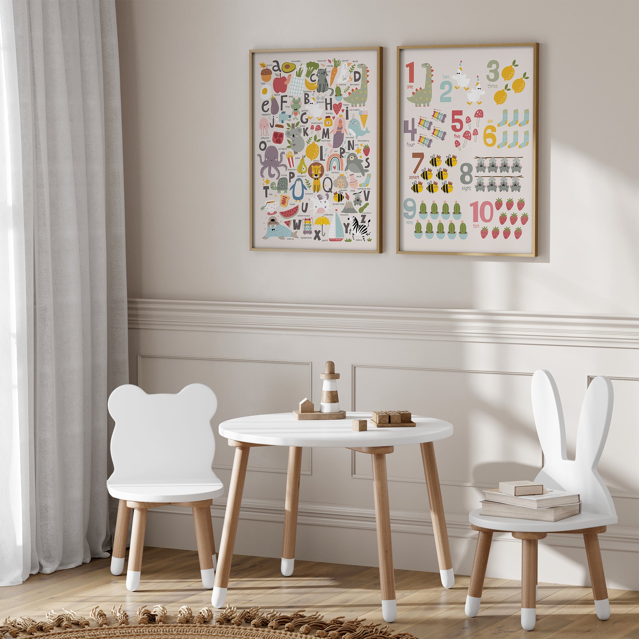 Numbers Poster with Whimsical Pastel Illustrations, Light Beige Background