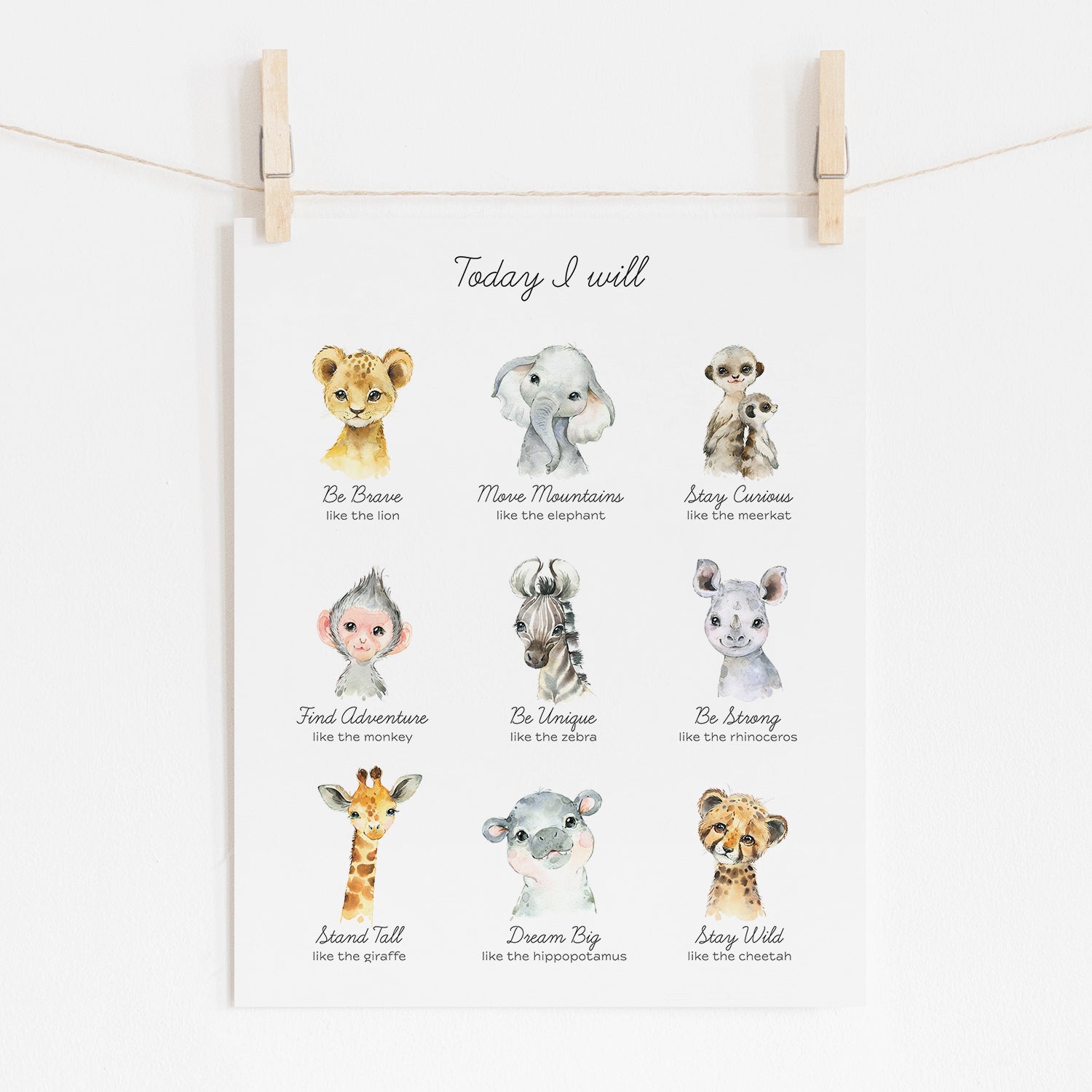 Kids Positive Affirmations Print with Safari Animals