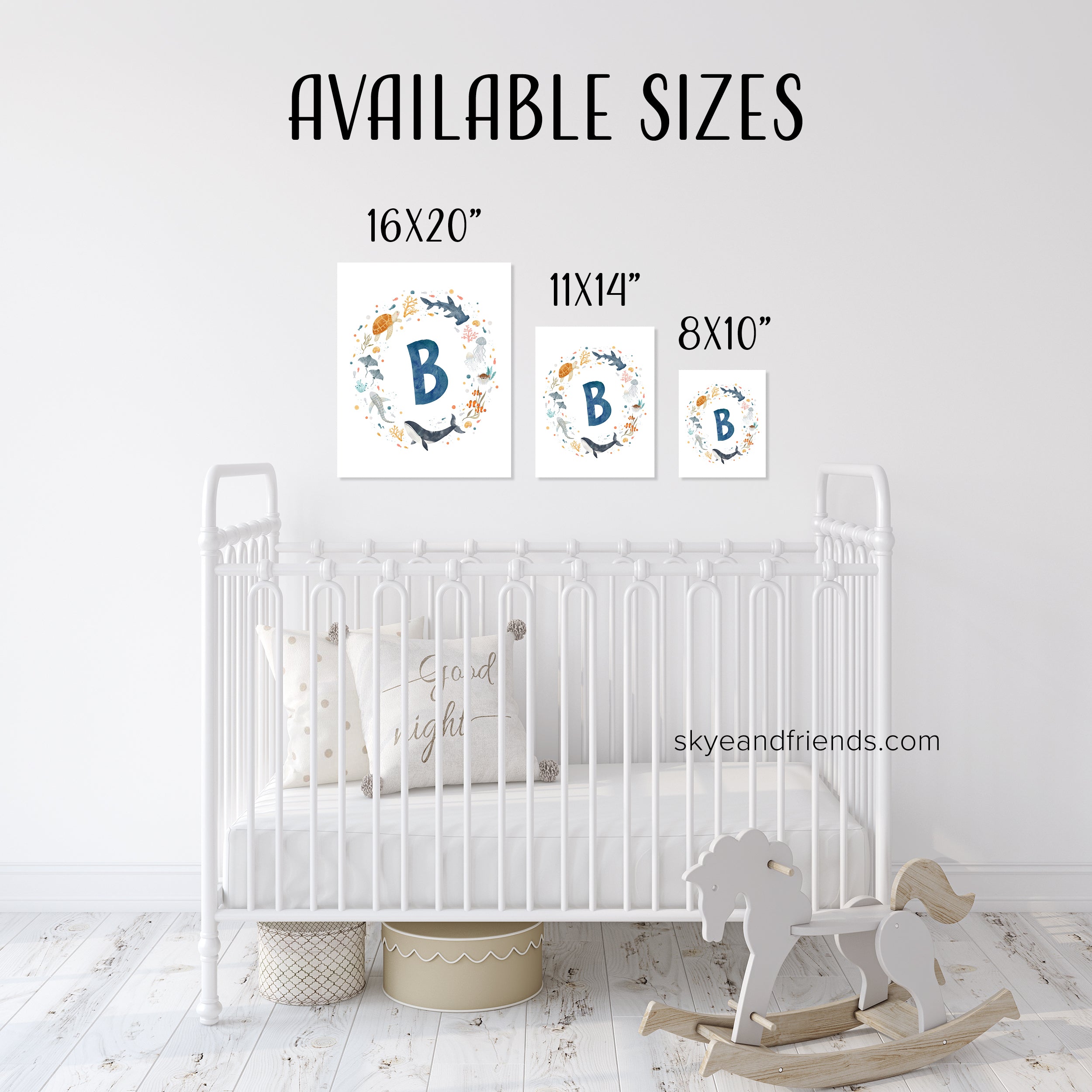 Personalized Ocean Animals Nursery Art - Monogram Print in Blue