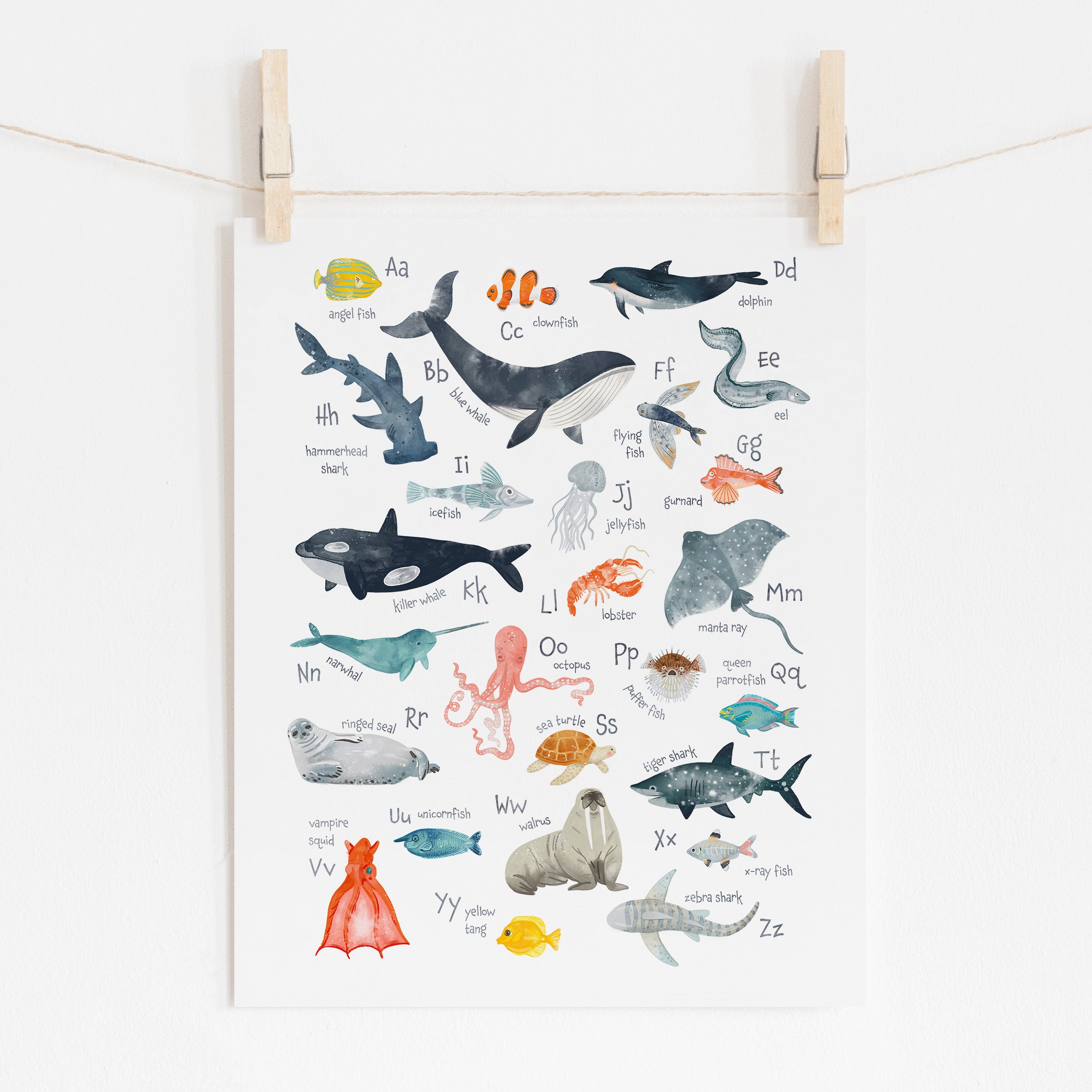 Watercolor sea animals alphabet poster