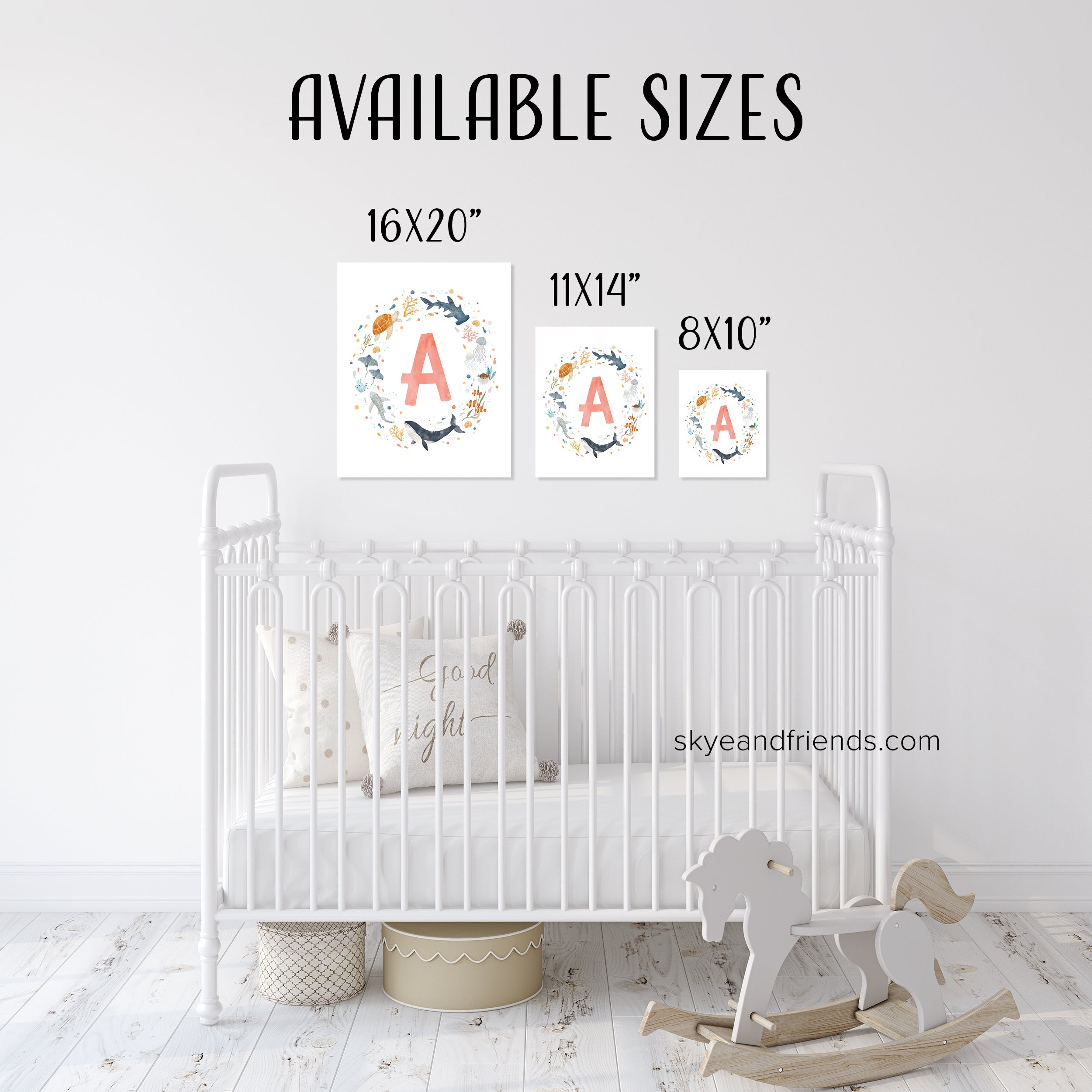 Personalized Sea Animals Nursery Art - Monogram Print in Coral