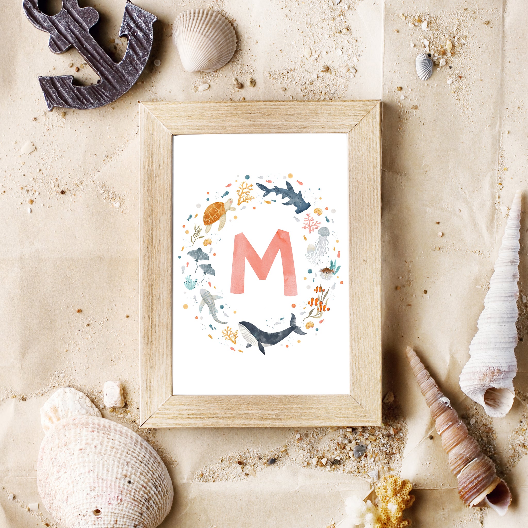 Personalized Sea Animals Nursery Art - Monogram Print in Coral