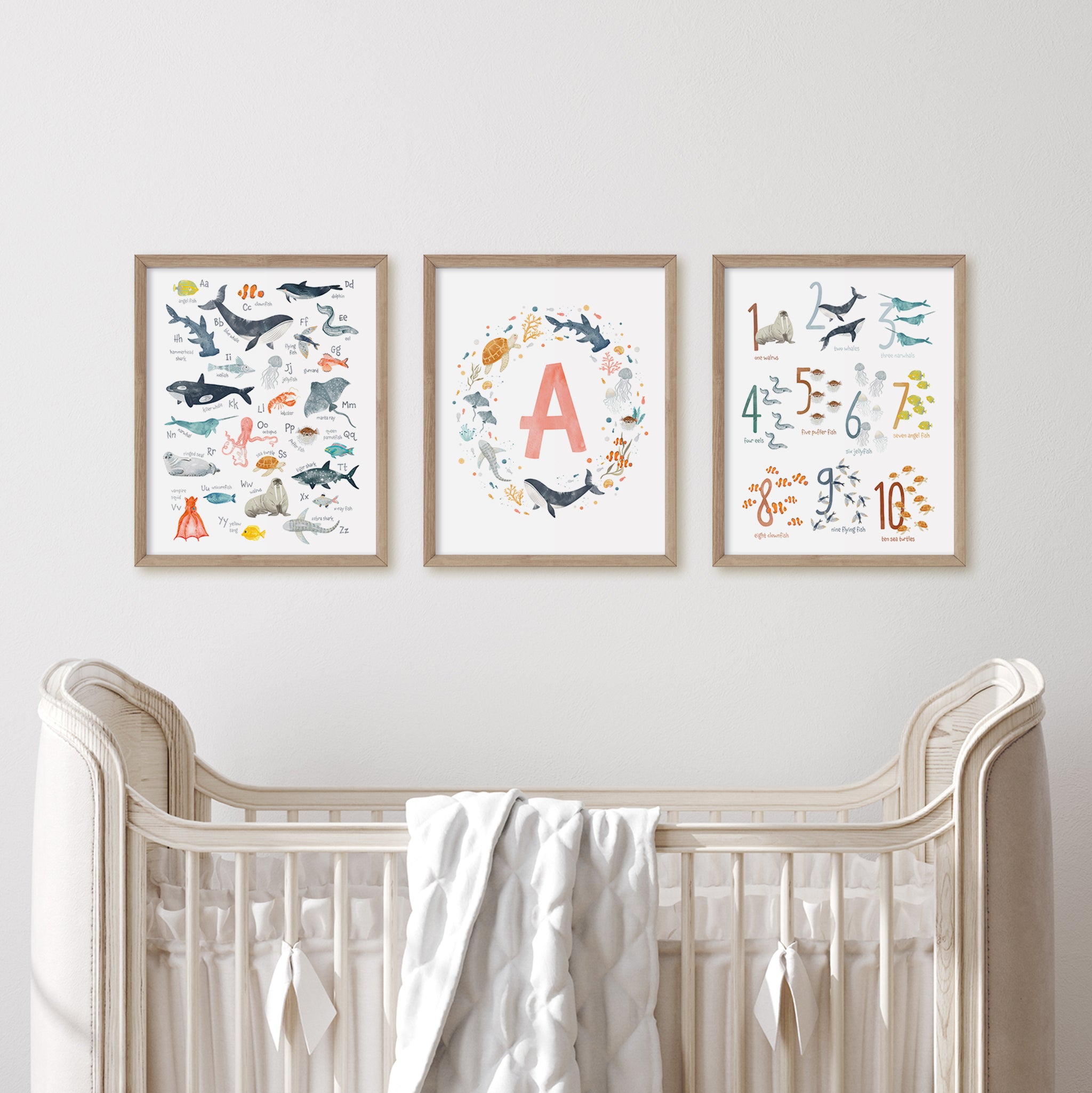 Personalized Sea Animals Nursery Art - Monogram Print in Coral