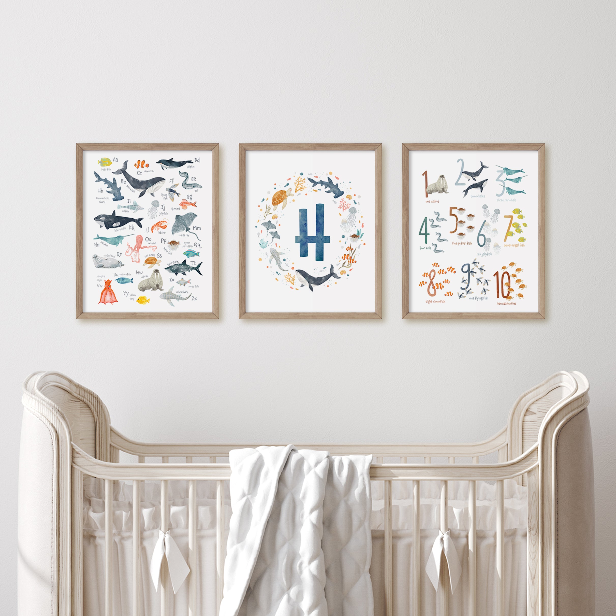 Personalized Ocean Animals Nursery Art - Monogram Print in Blue