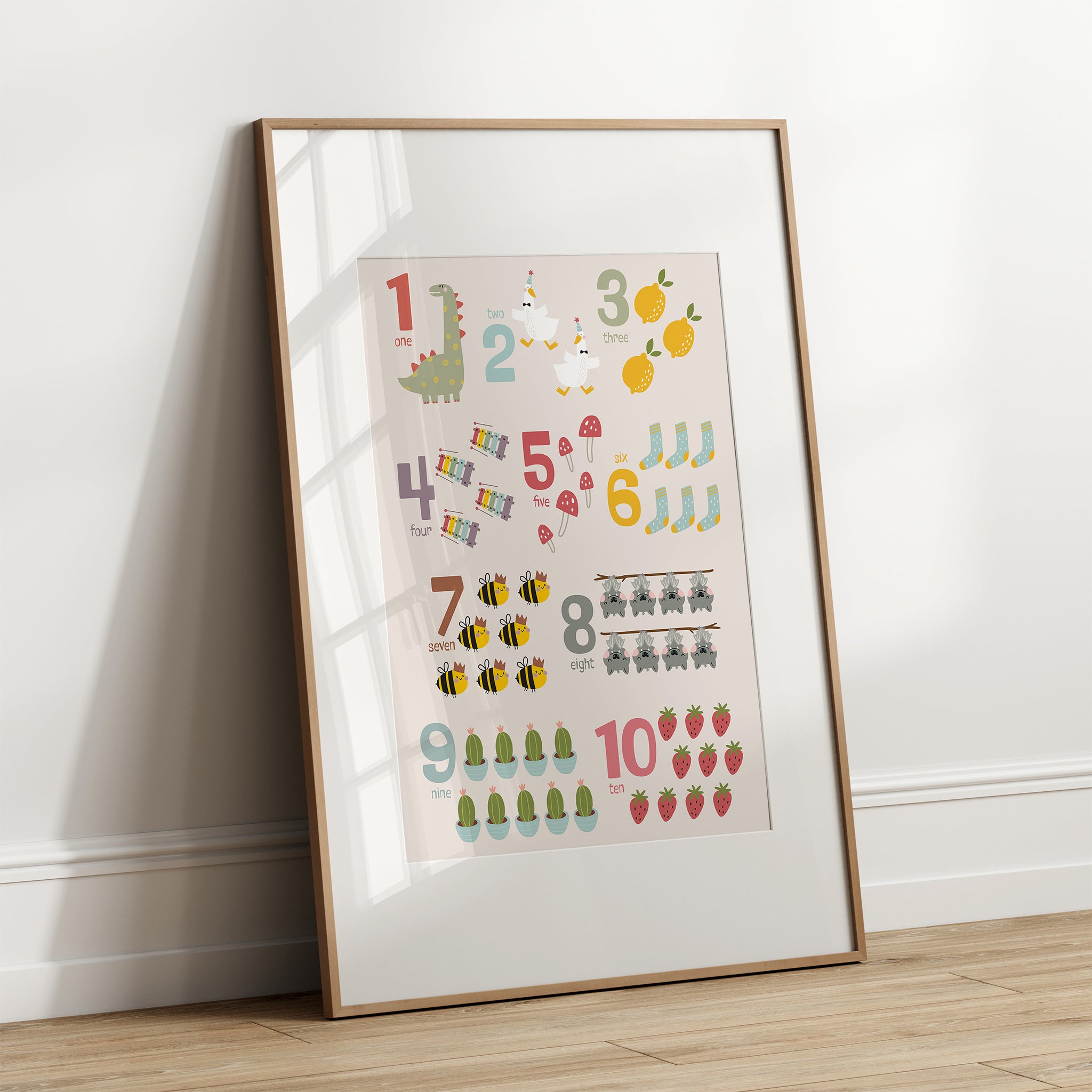 Numbers Poster with Whimsical Pastel Illustrations, Light Beige Background