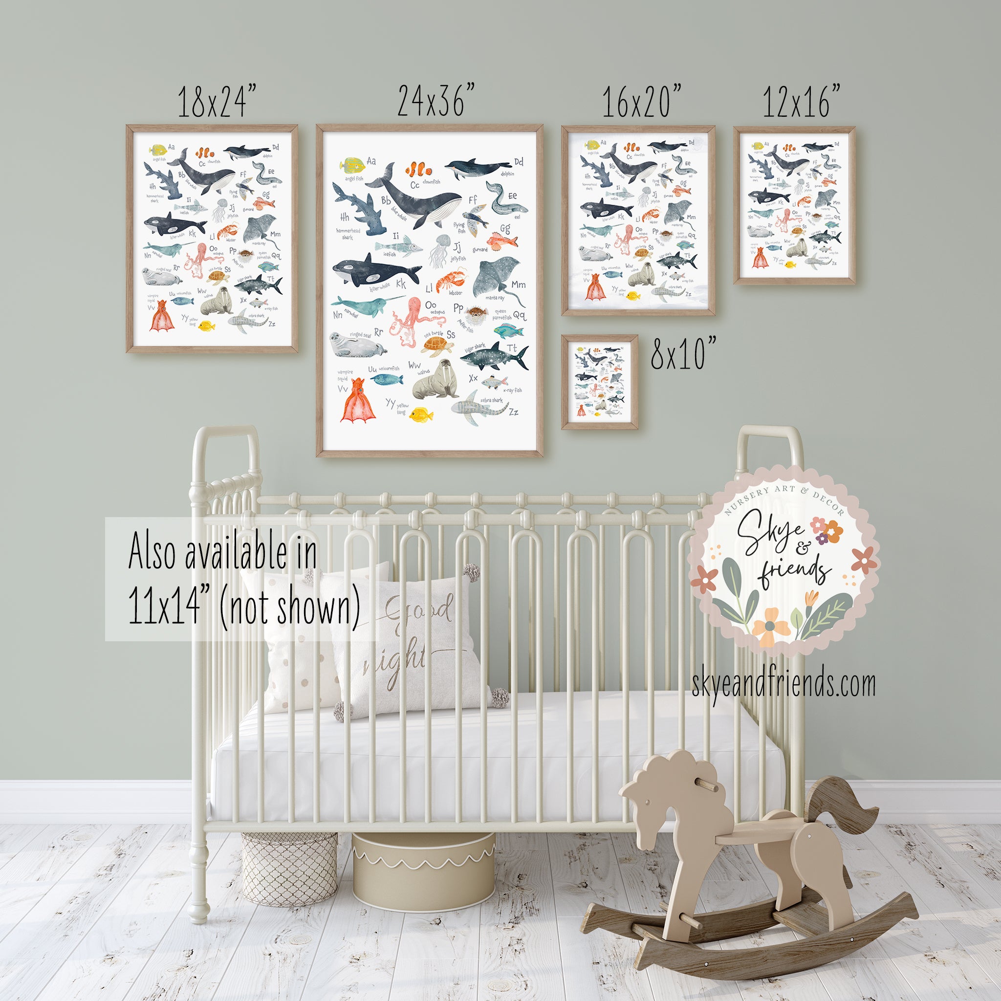 Sea Animals Alphabet nursery print size comparisons
