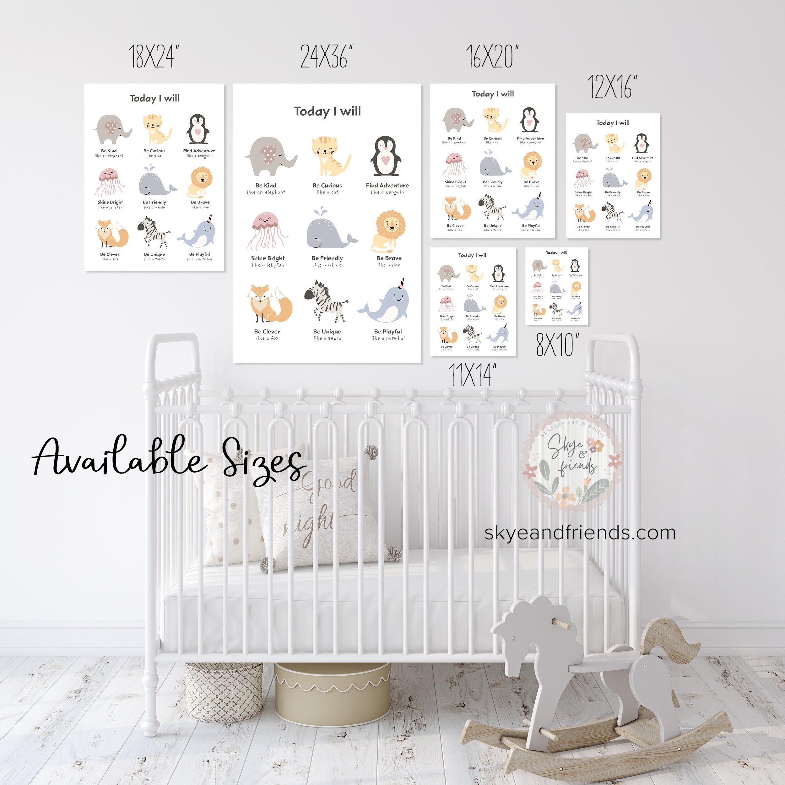 Cute Animals Positive Affirmations Nursery Wall Art