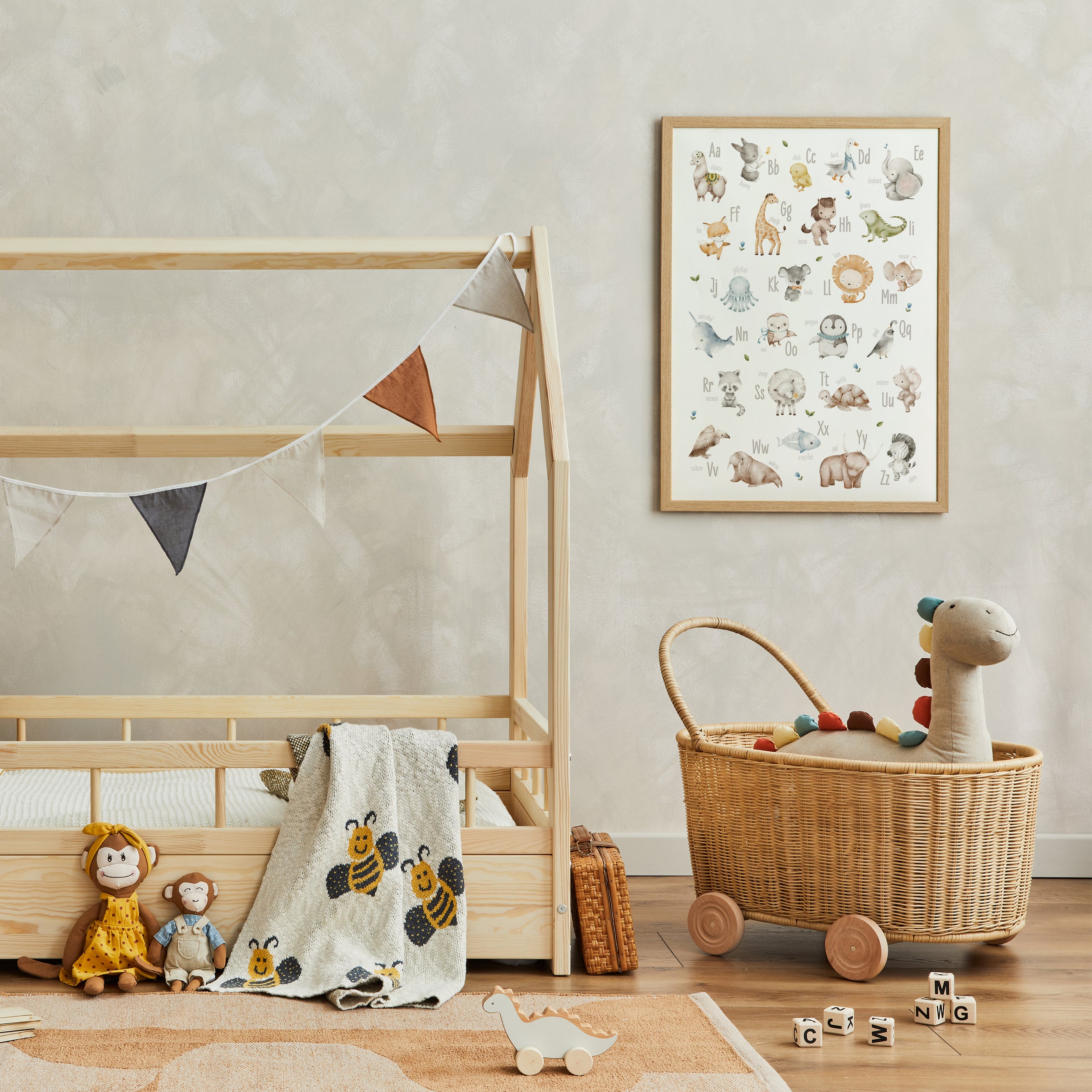 Watercolor Animal Alphabet Nursery Poster, Blue Florals