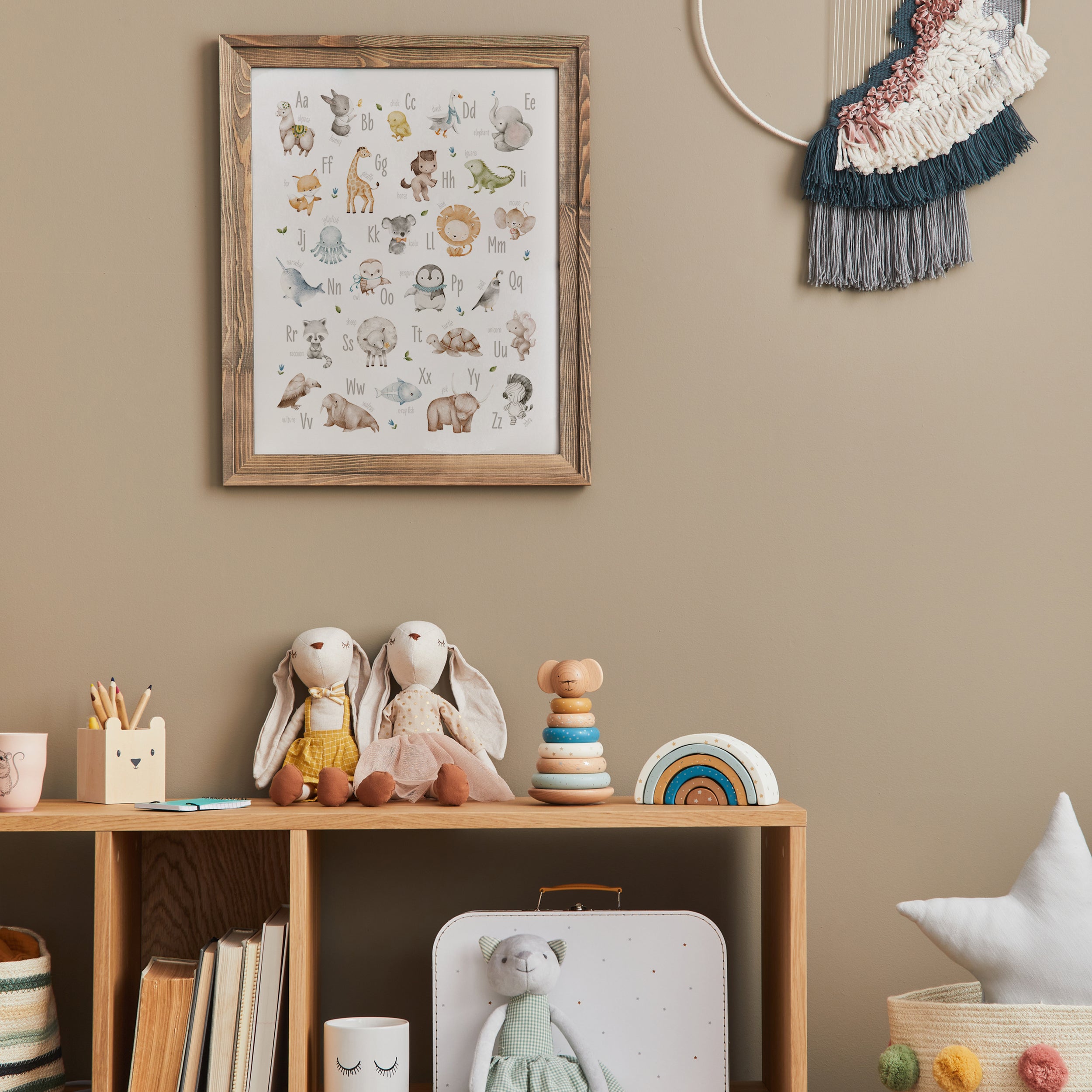Watercolor Animal Alphabet Nursery Poster, Blue Florals