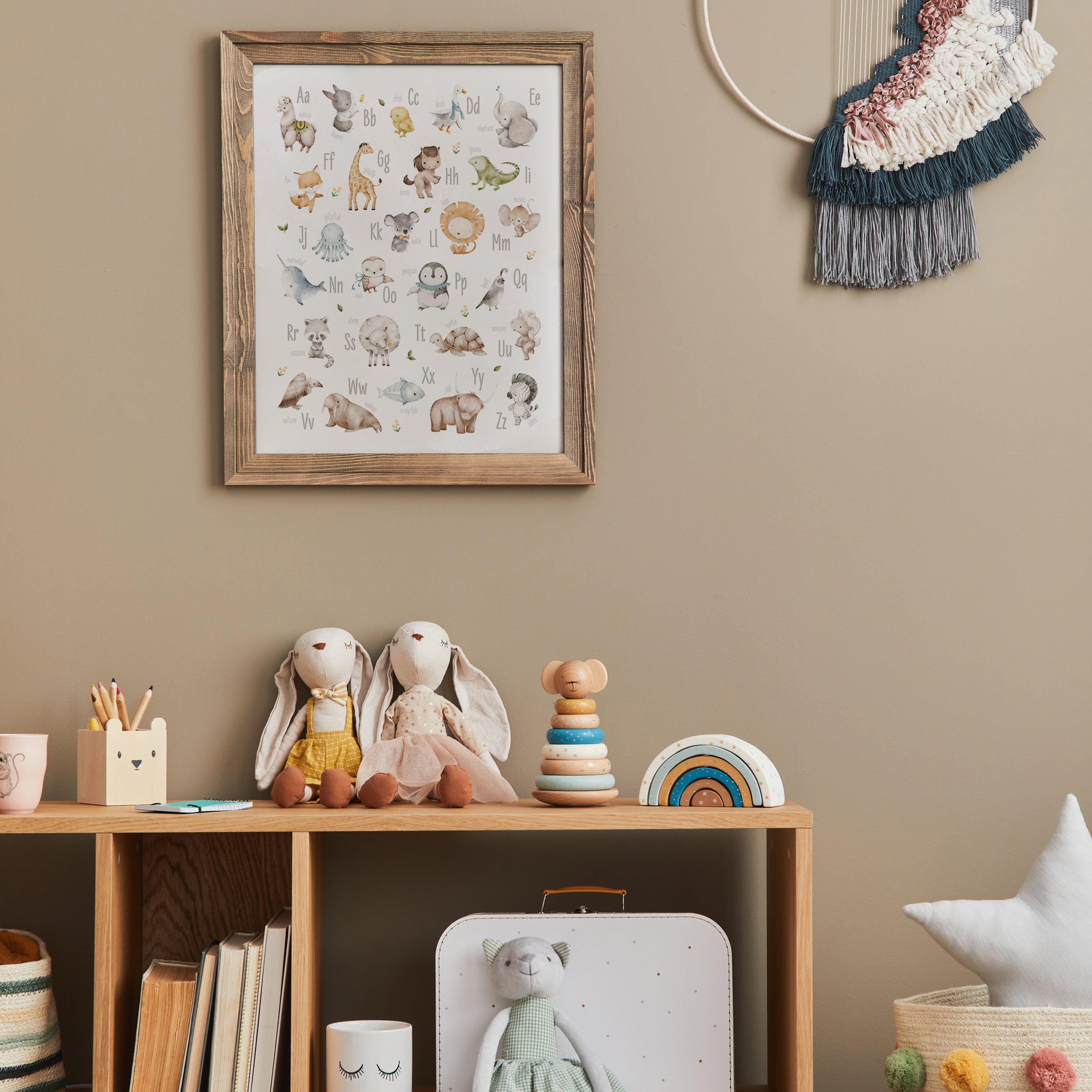 Watercolor Animal Alphabet Nursery Poster, Yellow Florals