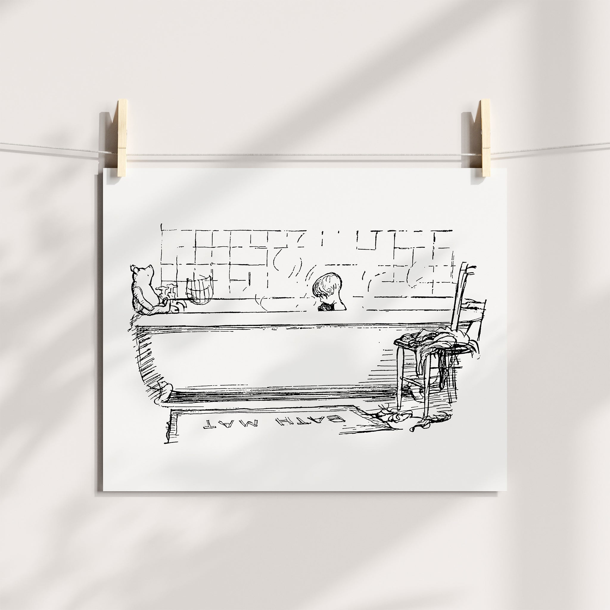 Nursery print of Winnie-the-Pooh and Christopher Robin sitting in a bathtub