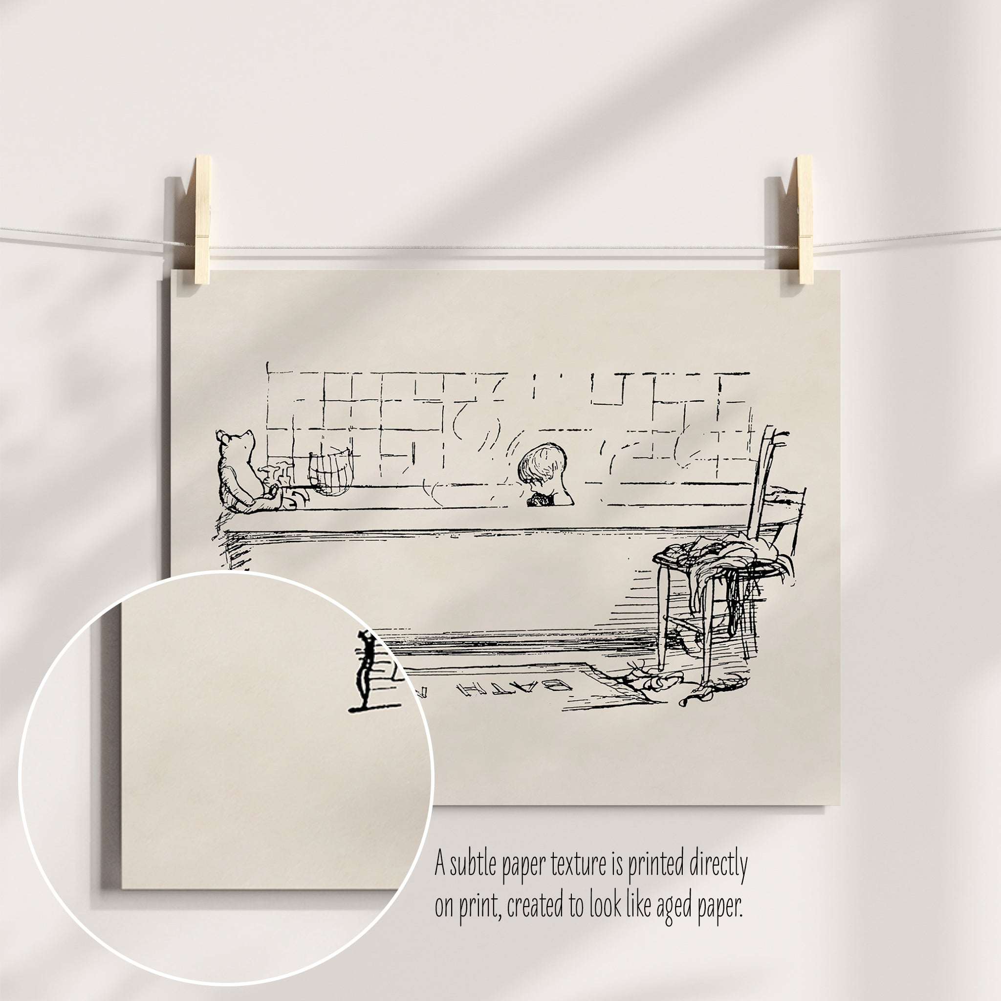 A close up view that shows the printed paper texture for a Winnie-the-Pooh printed art