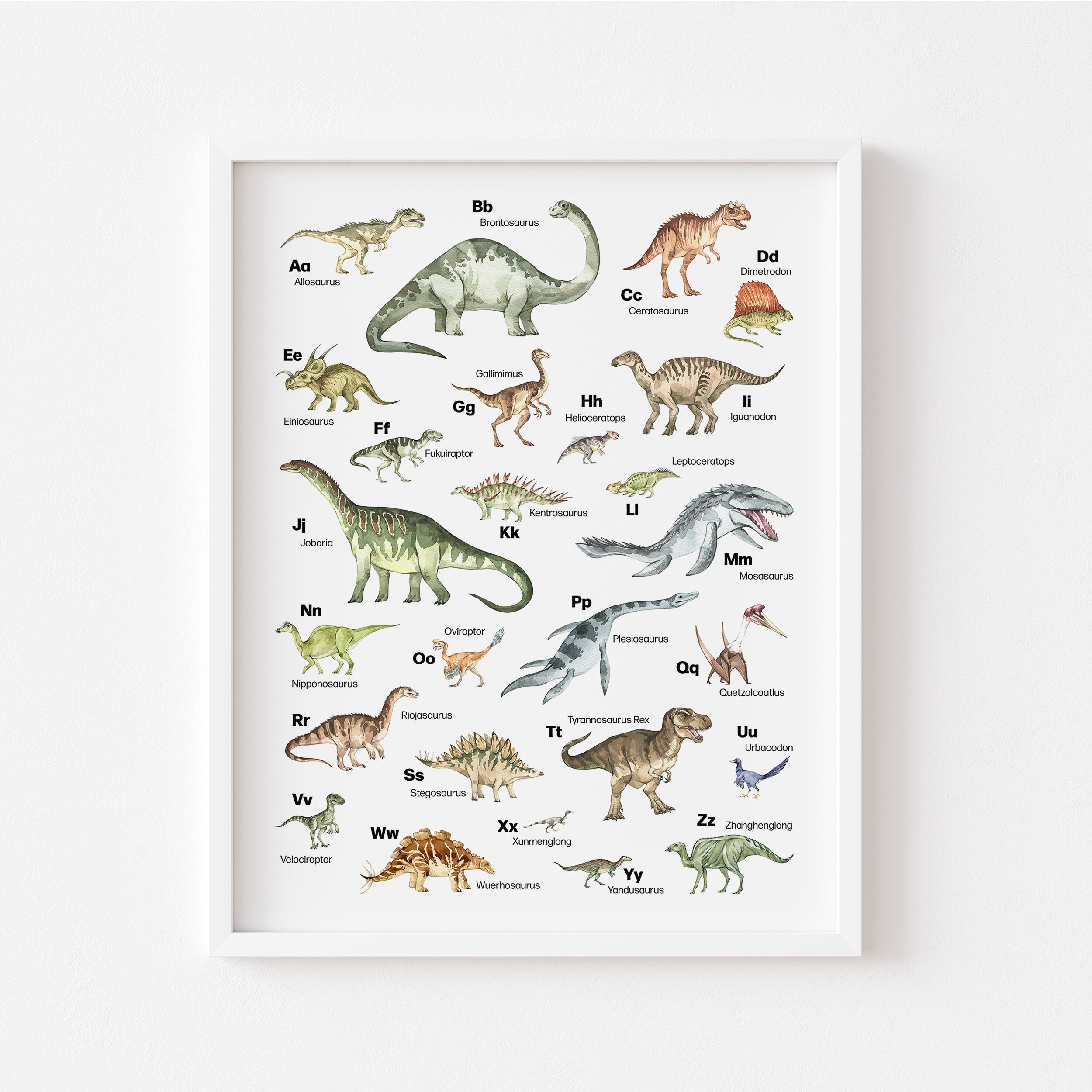Dinosaur alphabet poster in a white frame